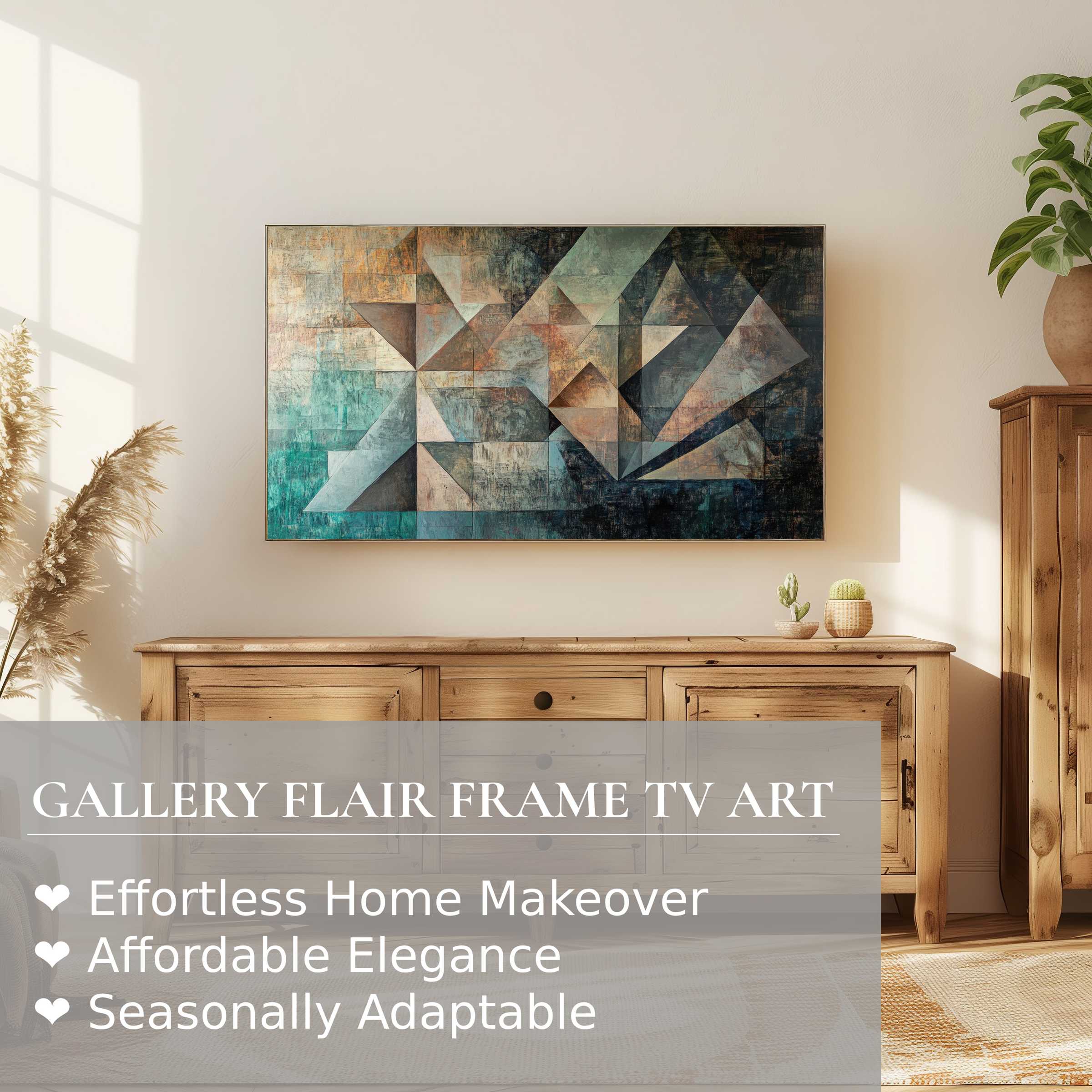Samsung Frame TV displaying abstract digital artwork with geometric shapes in a warm, modern living room setting