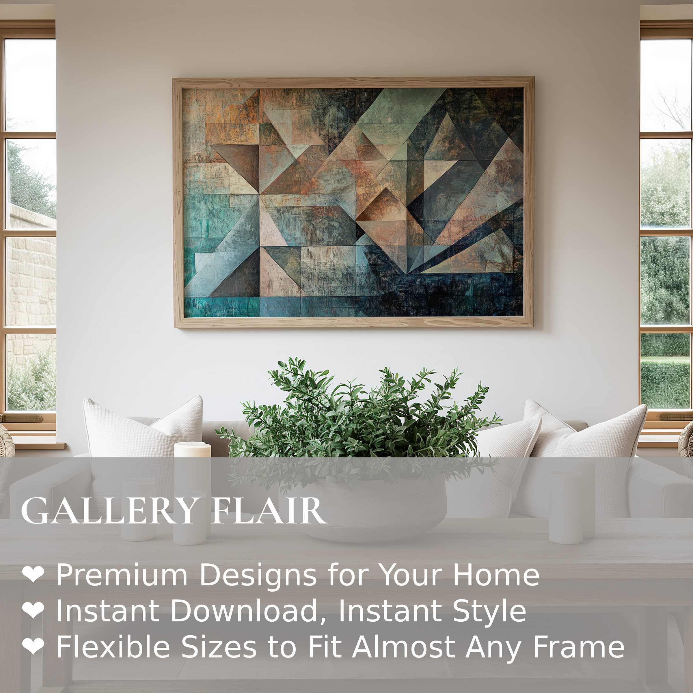 Abstract wall art print featuring layered geometric shapes in earthy blues and rust tones, enhancing serene, modern living spaces with bold sophistication