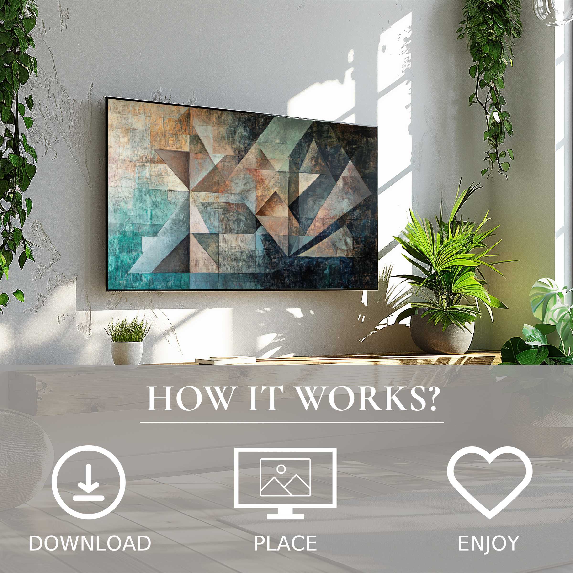 Abstract art for Samsung TV in a bright room with easy digital download; geometric shapes in muted teal and brown tones