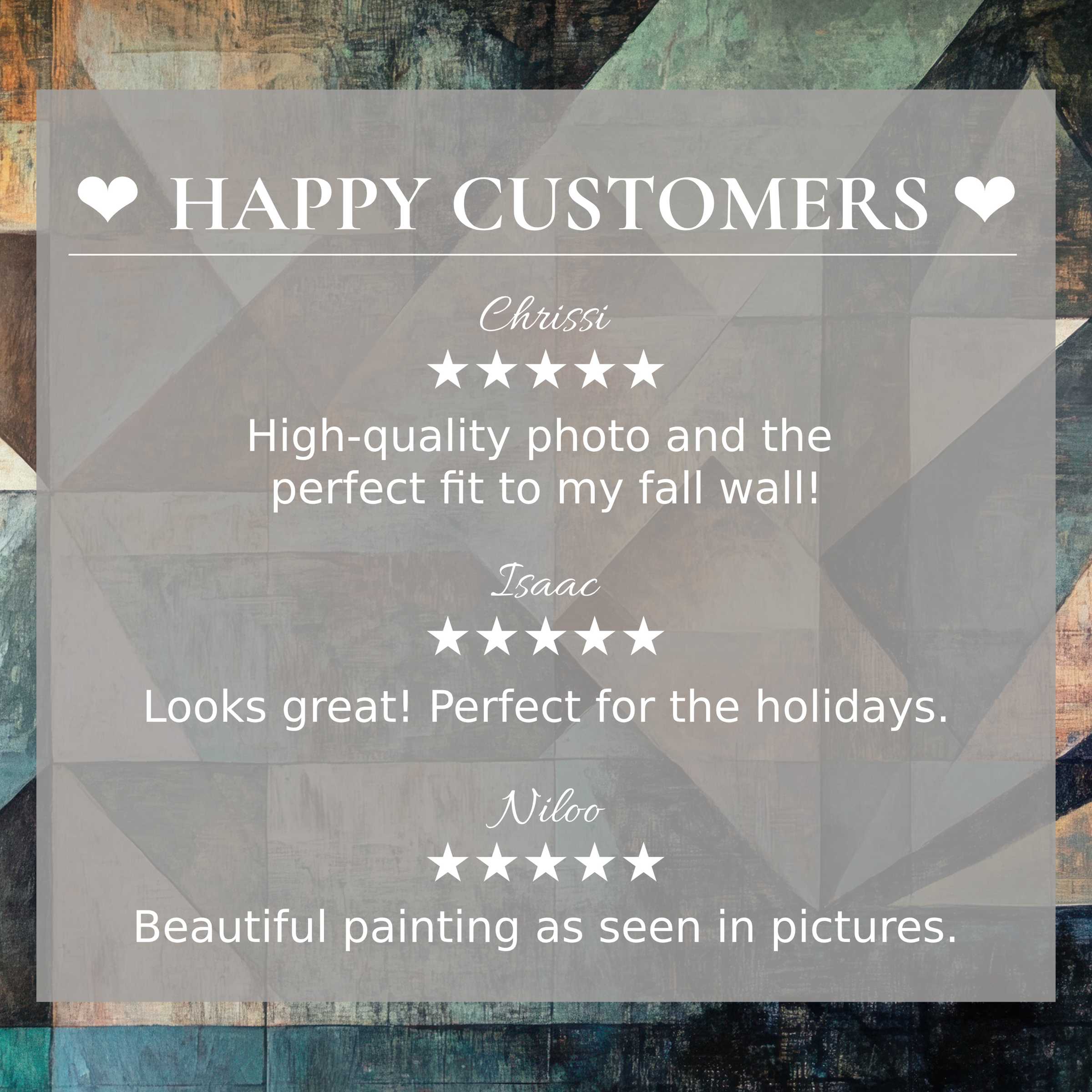 Abstract art for Frame TV with muted earthy tones, showcasing happy customer reviews that inspire trust and elegance