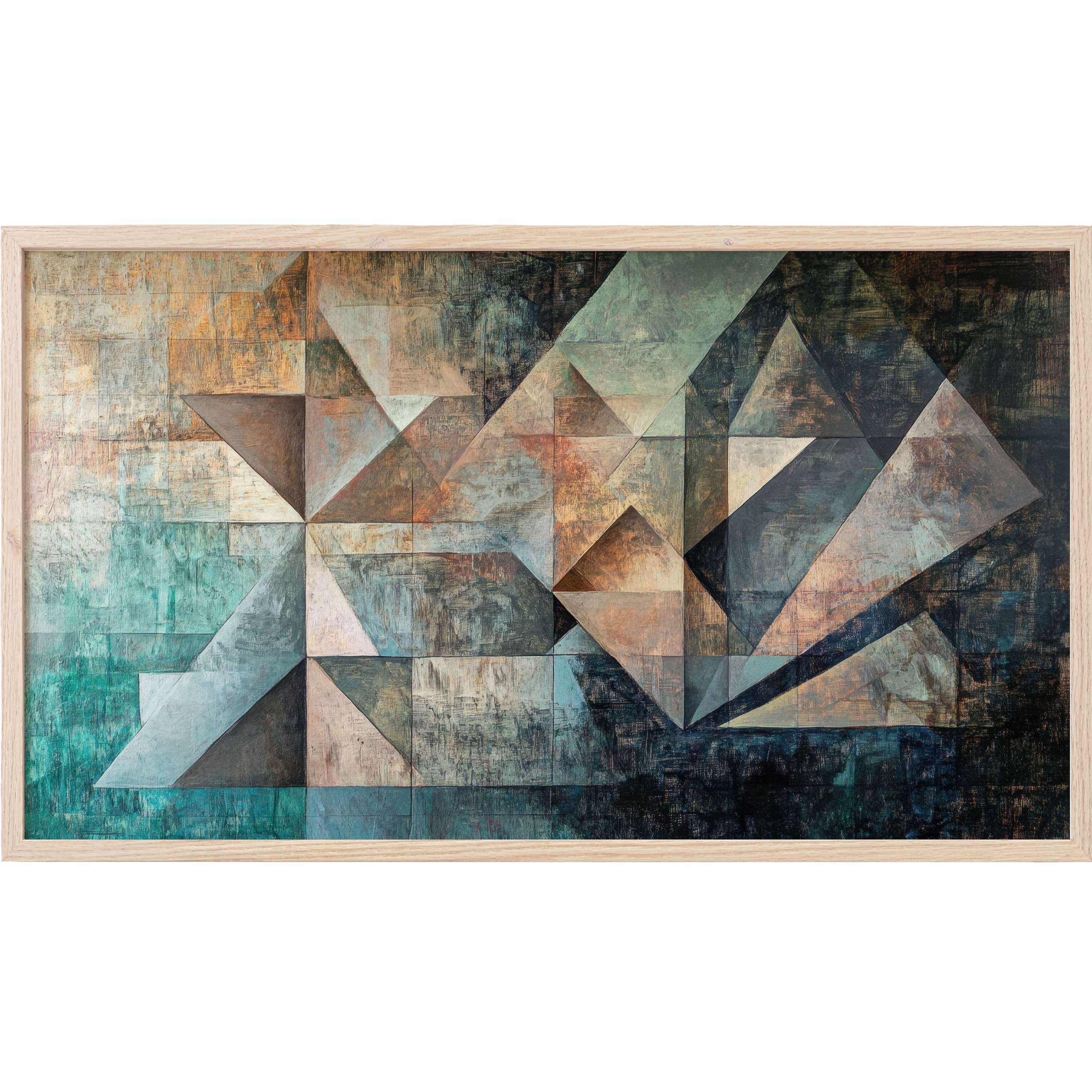 Muted tones of teal, bronze, and charcoal blend in geometric patterns for elegant abstract Frame TV Art