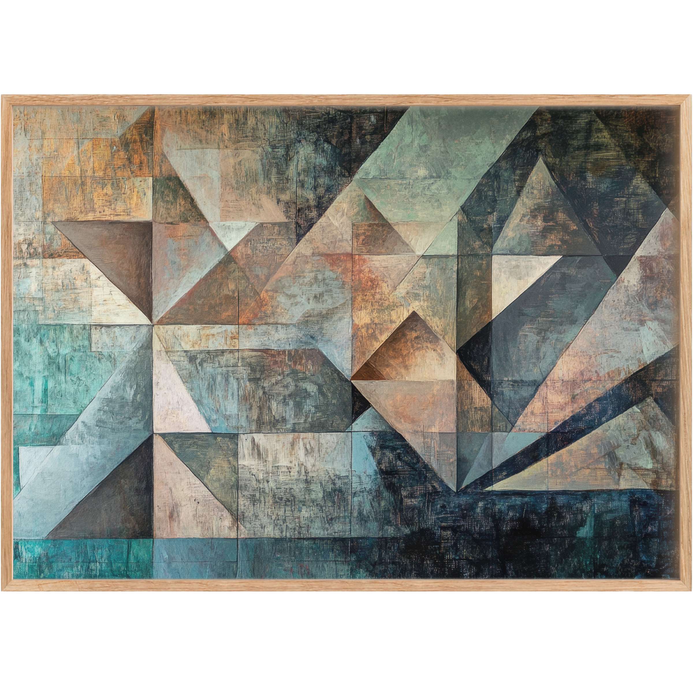 Abstract printable wall art blending muted teal, charcoal, and warm ochre shapes for a serene, sophisticated ambiance
