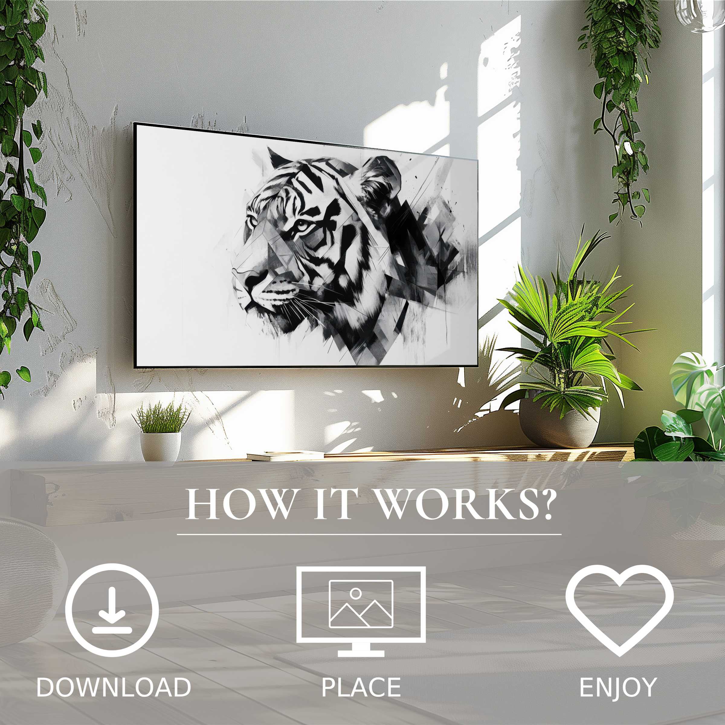 Black and white art for Samsung TV showing a geometric tiger, easy digital download enriches modern living spaces