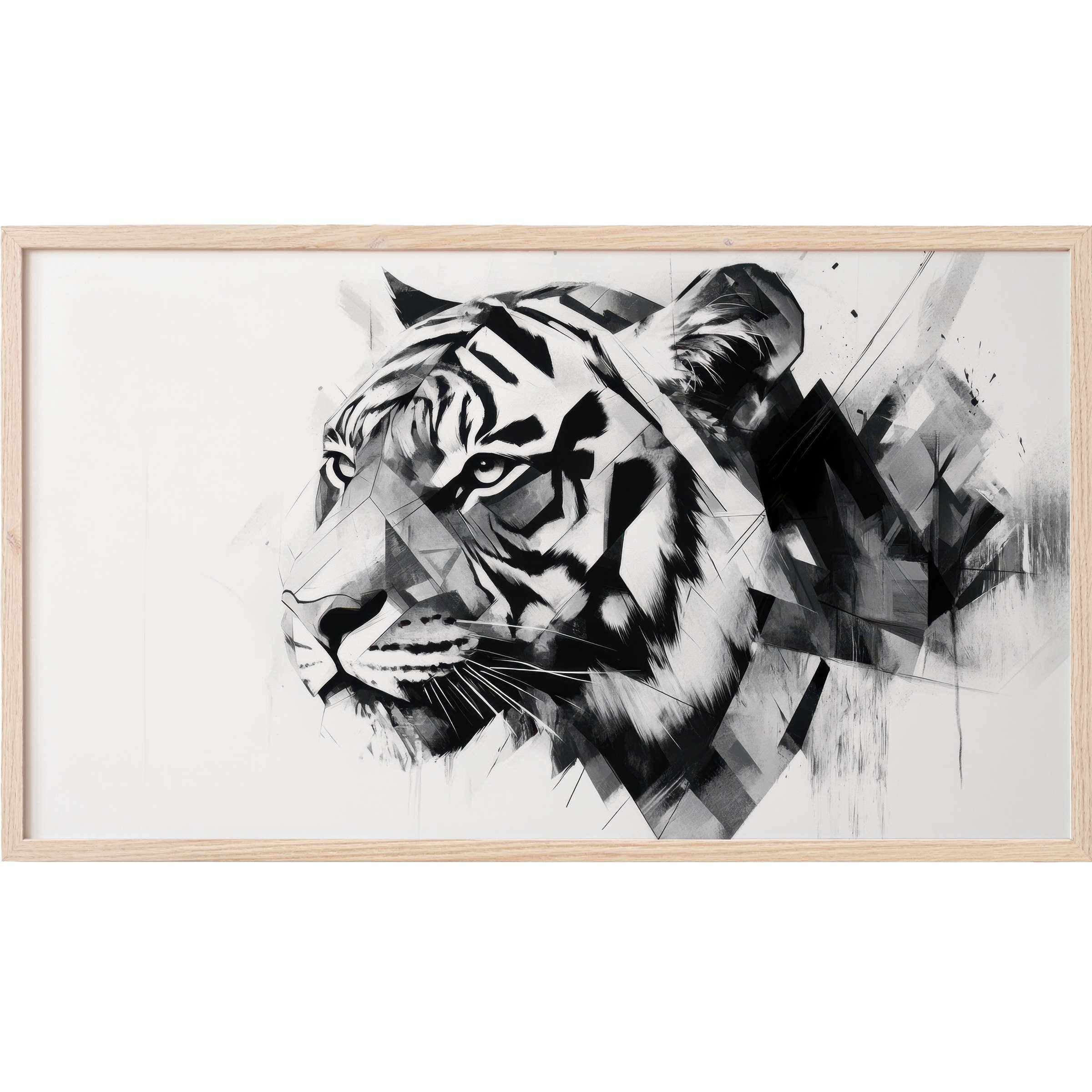 Abstract geometric tiger portrait in monochrome tones with dynamic brushstrokes, perfect black and white Frame TV Art