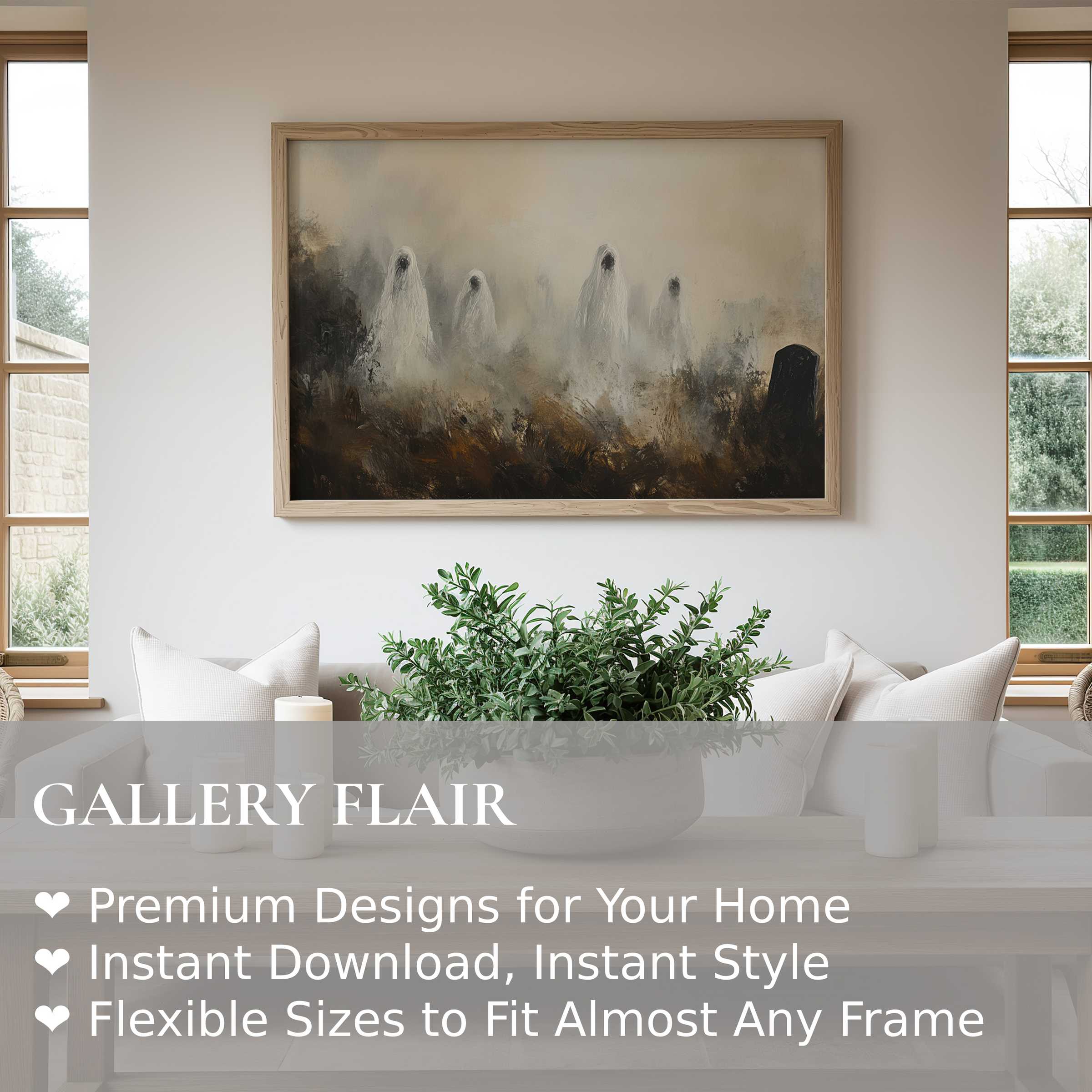 Ethereal halloween wall art print with ghostly figures in muted tones, adding a bold, moody accent to modern minimalist interiors