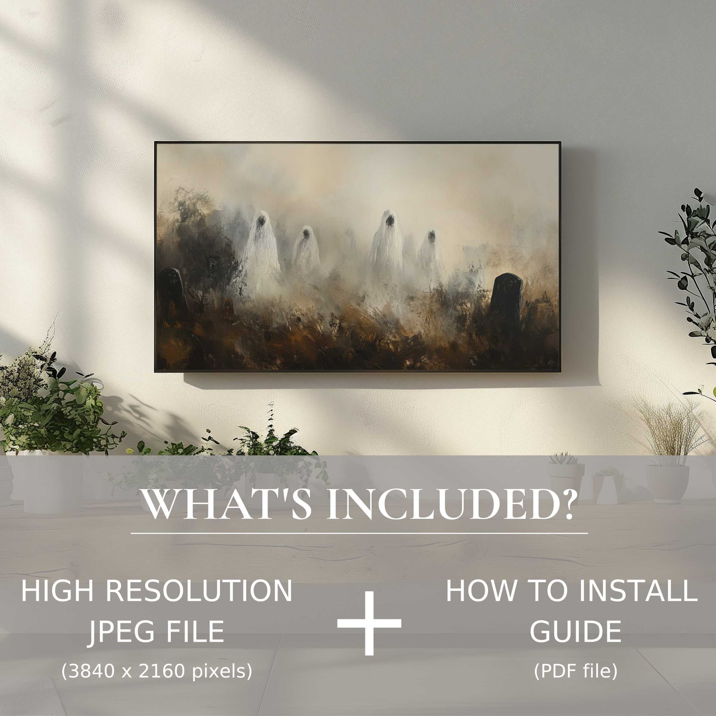 Elegant living room with haunting Halloween digital TV art download, easy digital use enhances stylish modern decor