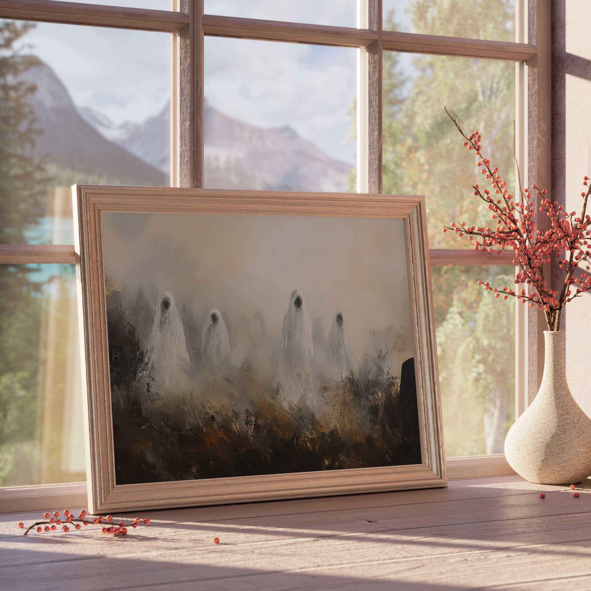 Halloween downloadable art featuring ethereal ghost figures in misty, muted tones, perfect for curated, tranquil, design-forward interiors