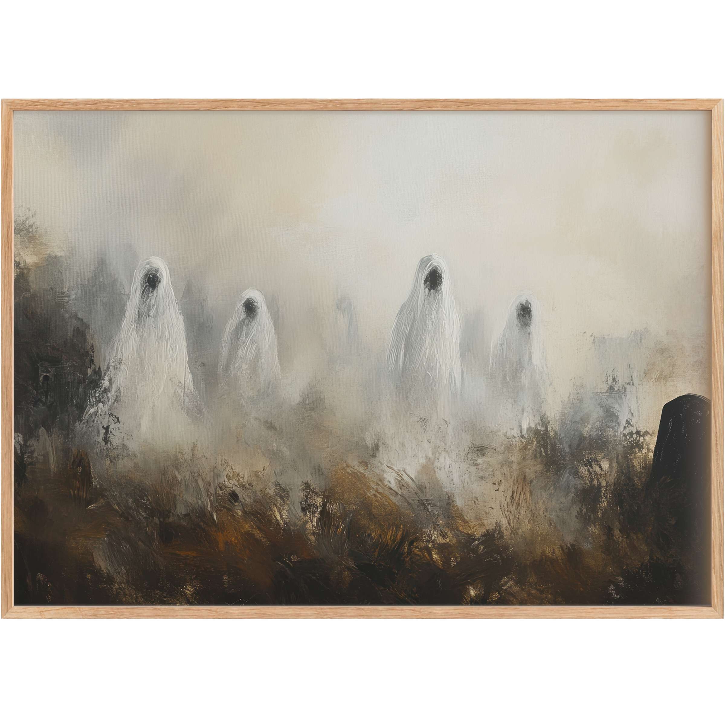 Ethereal Halloween printable wall art with ghostly white figures emerging from smoky grays and deep earth tones, evoking haunting mystery