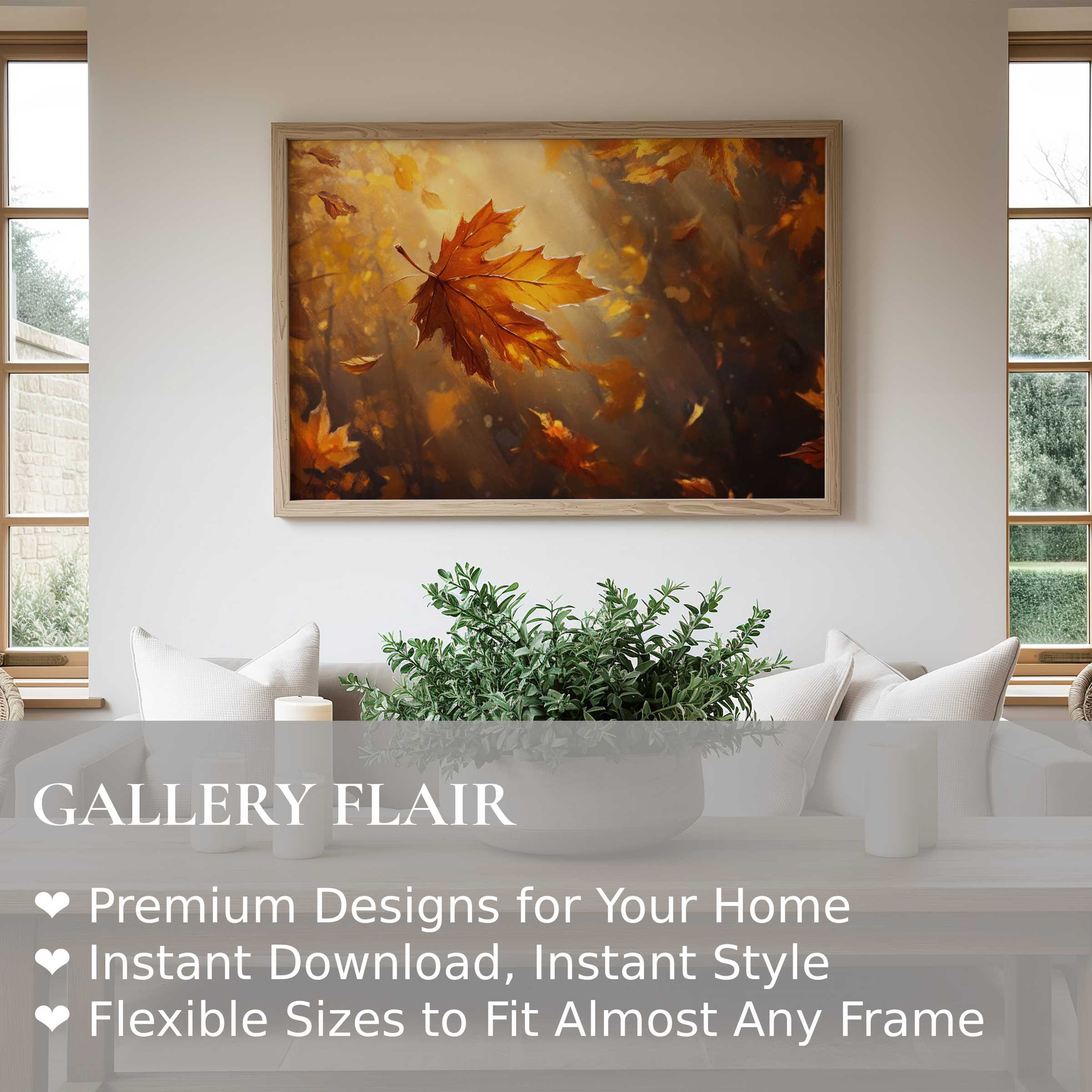 Radiant fall wall art print featuring glowing autumn leaves, enhancing modern minimalist interiors with warm, inviting elegance