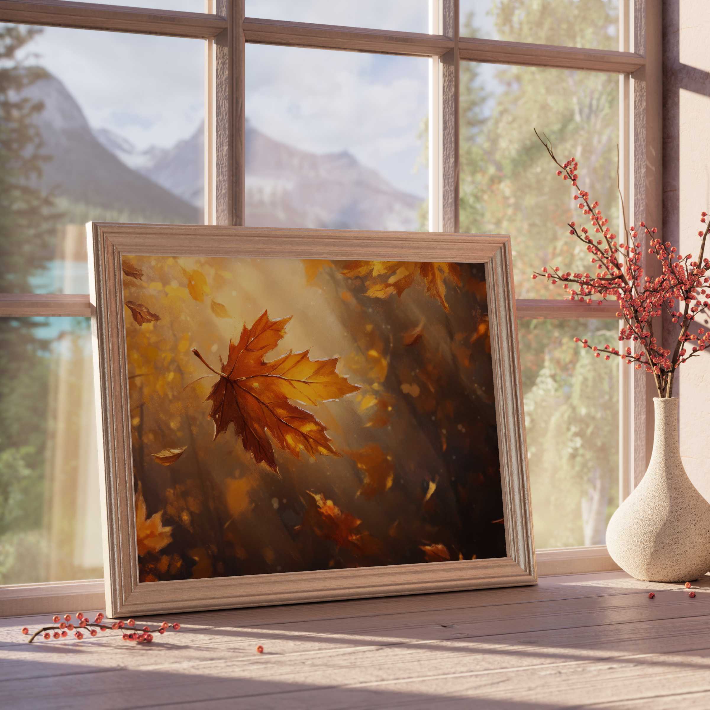 Fall downloadable art capturing warm amber leaves drifting through soft sunlight, elevating serene, design-forward interiors with timeless autumn elegance