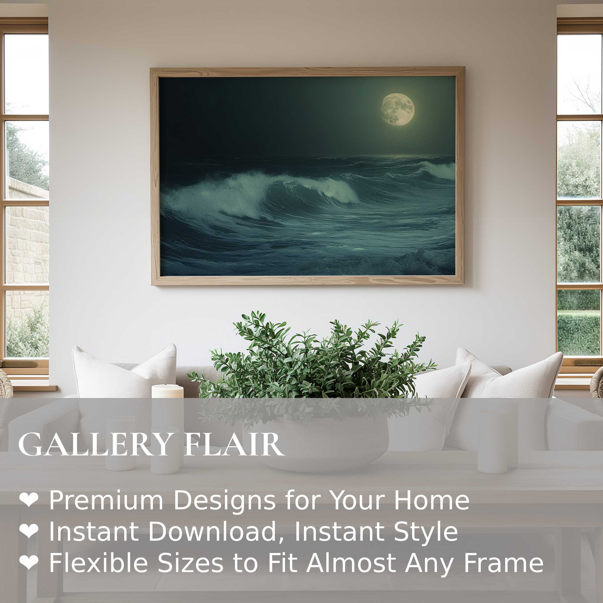 Calming beach wall art print of moonlit ocean waves brings serene coastal elegance to minimalist, modern living spaces