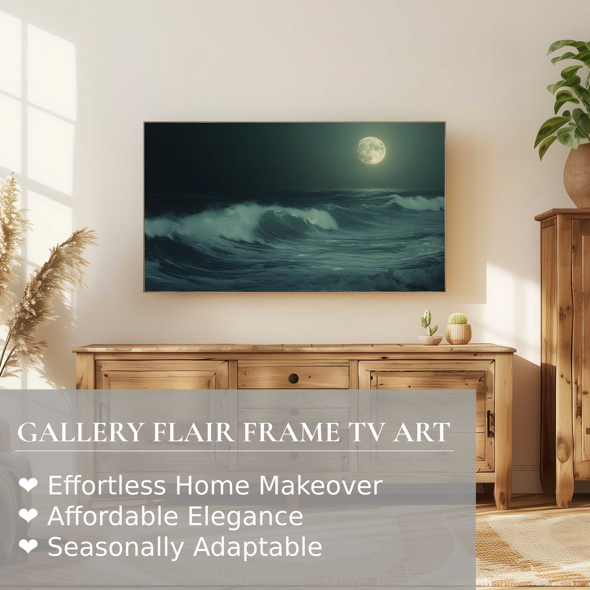Samsung Frame TV displaying serene beach digital artwork of moonlit waves in a modern, elegant living room setting