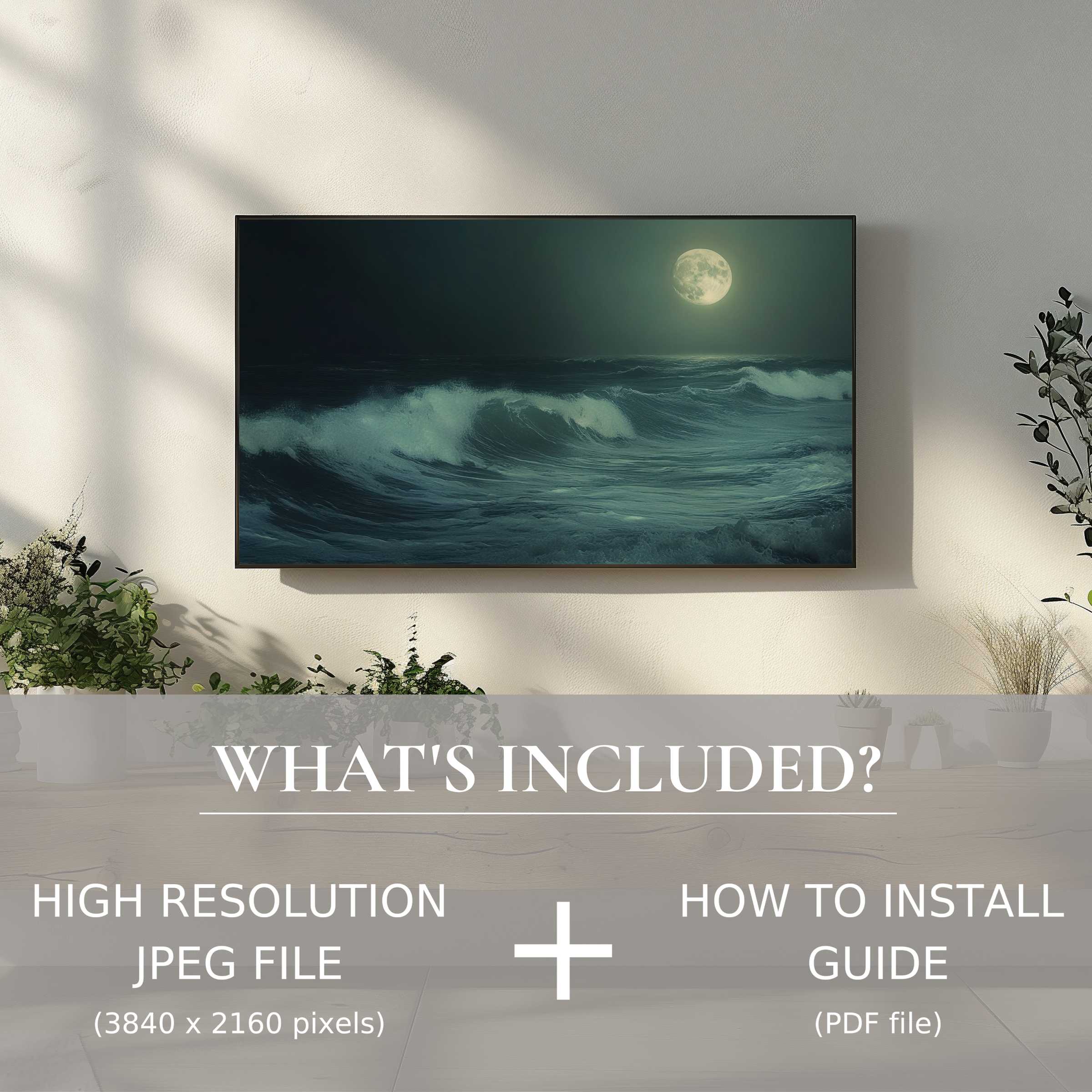 Elegant beach digital TV art download showcasing moonlit waves, easy to use, enriching modern living spaces effortlessly