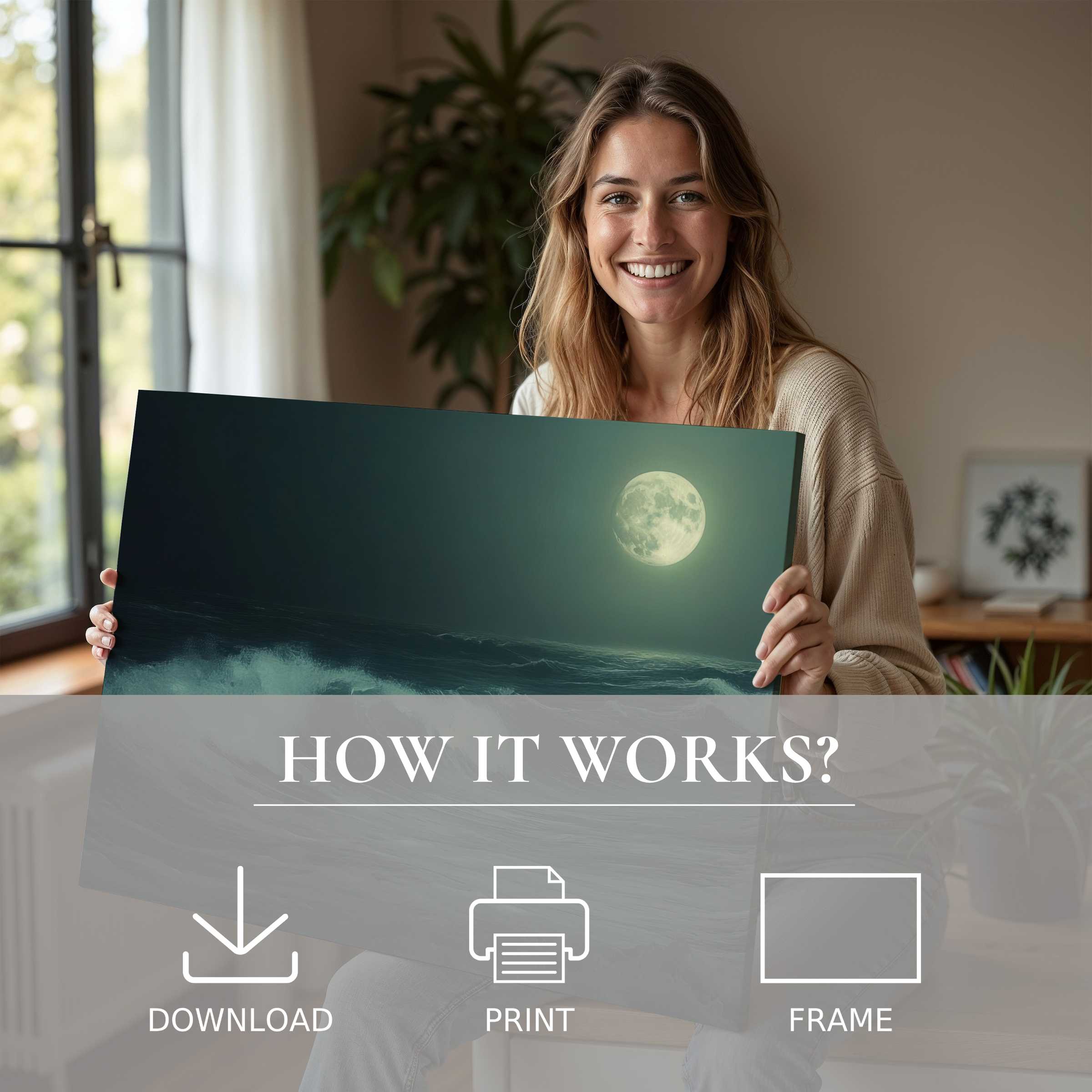 A serene moment capturing the joy of embracing a beach digital art print, infusing modern spaces with effortless, radiant coastal elegance