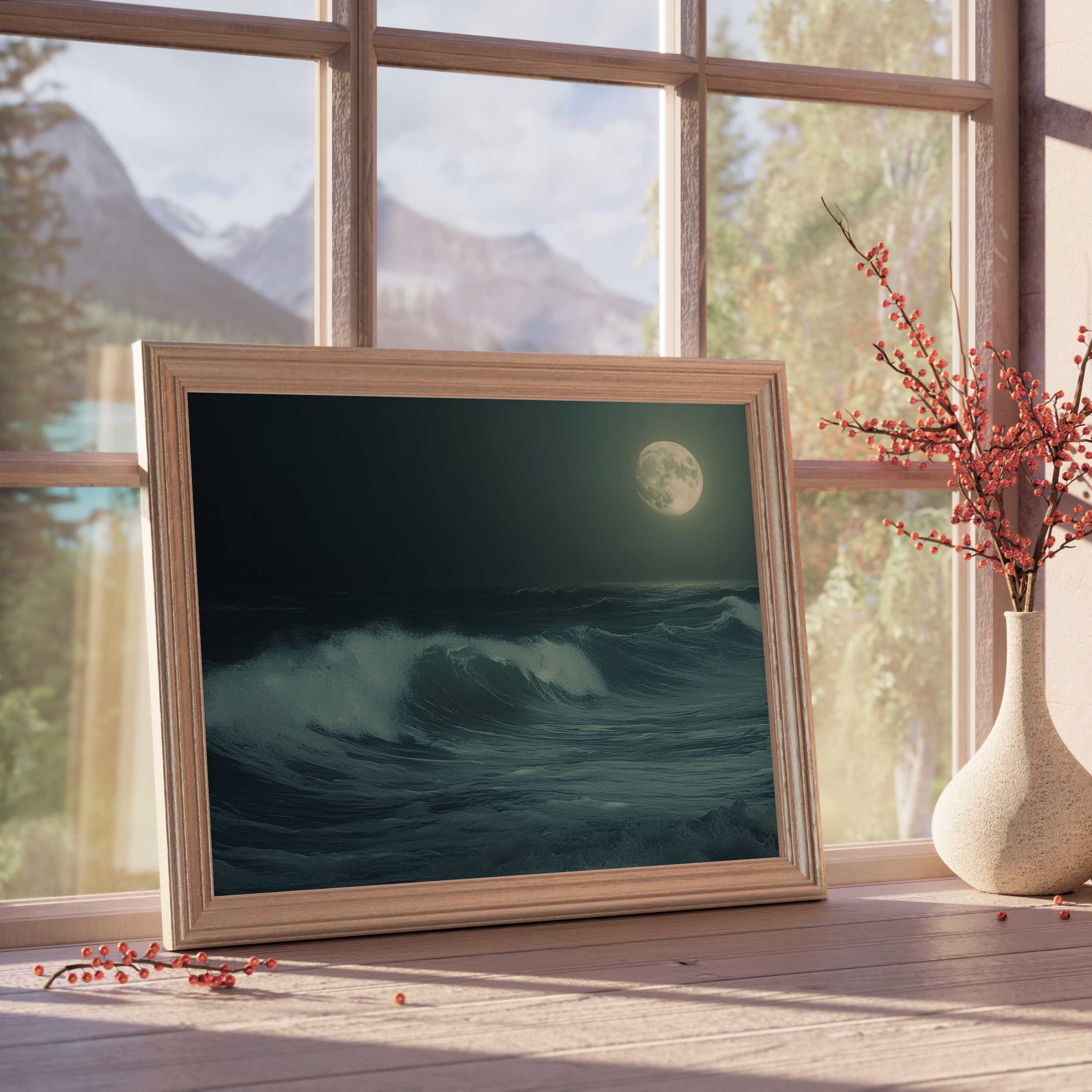 Moonlit ocean waves in serene beach downloadable art, enriching curated interiors with tranquil, elegant coastal allure and timeless sophistication