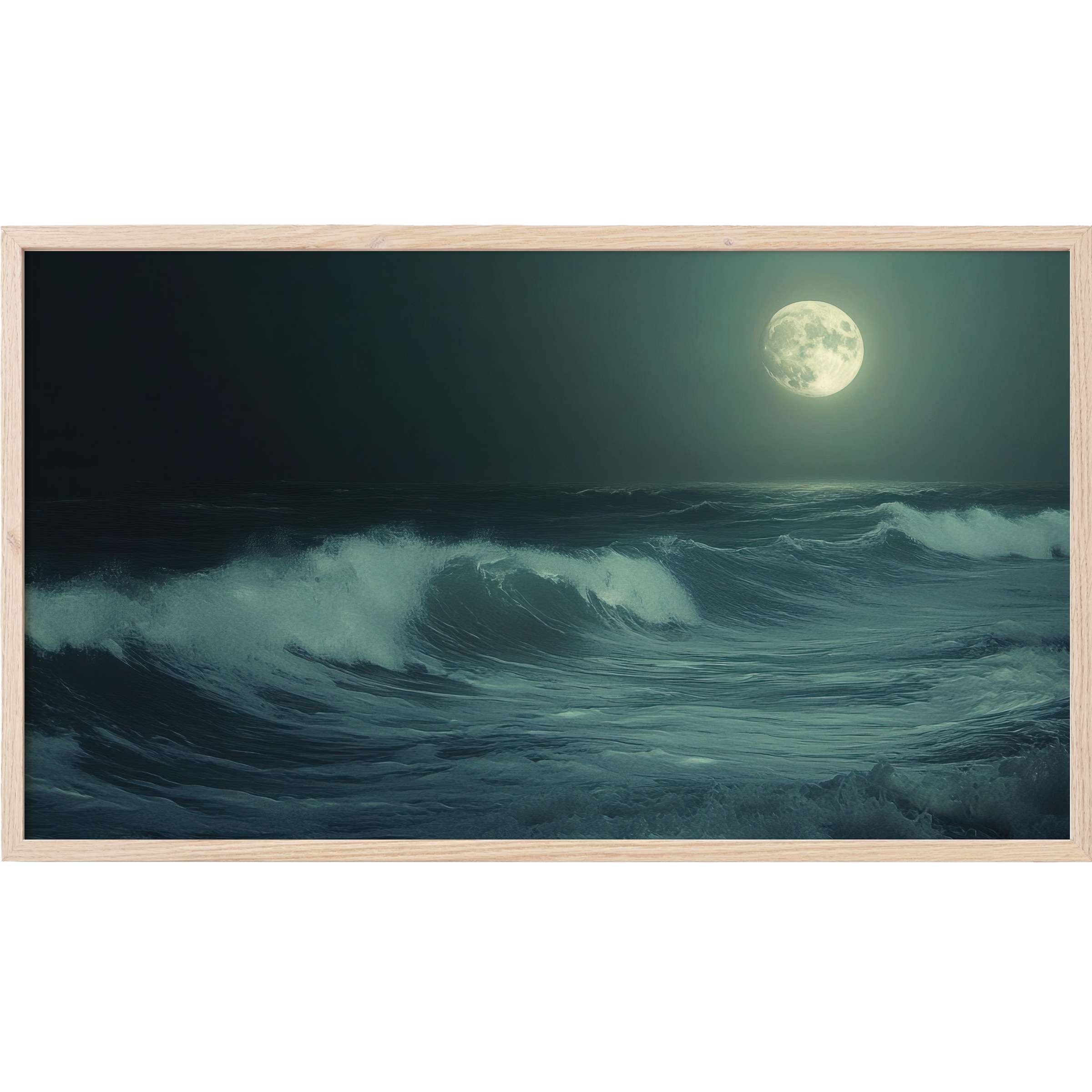 Serene moonlit ocean waves in cool blues and greens with a natural wood frame, perfect beach Frame TV Art