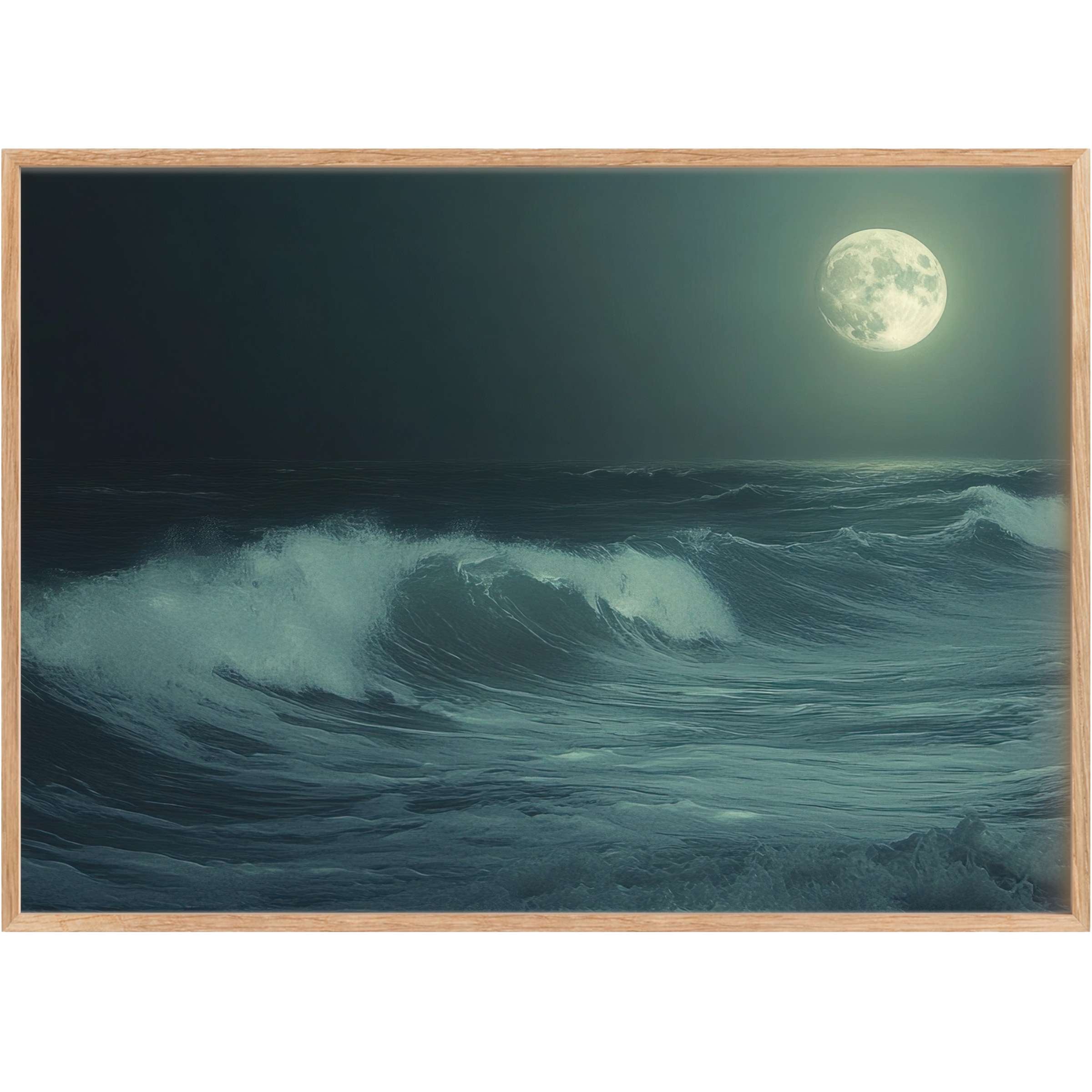 Moonlit waves in deep teal and silvery hues evoke a serene, contemplative mood in this elegant beach printable wall art