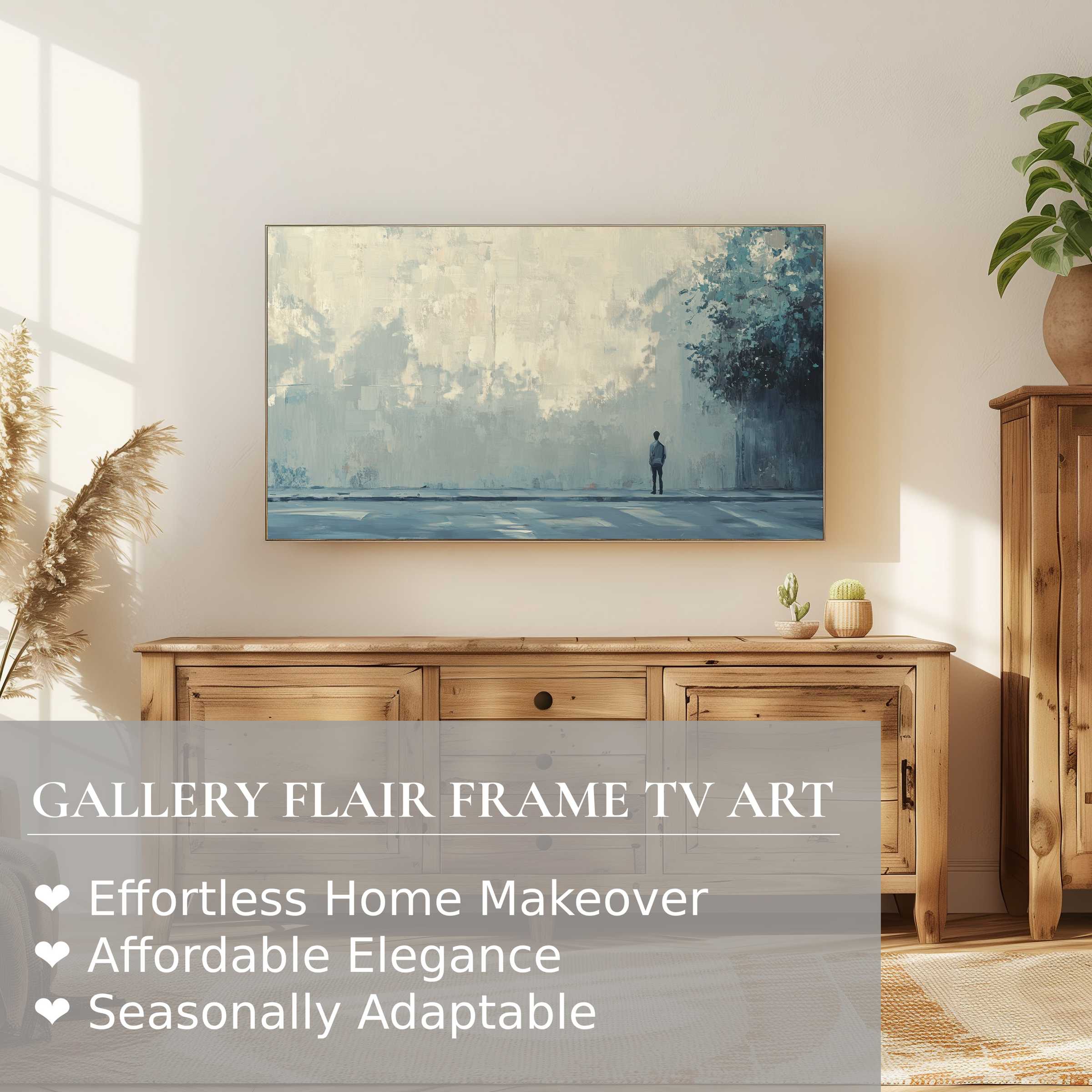 Samsung Frame TV displays serene urban digital artwork blending muted tones with a sleek, modern ambiance