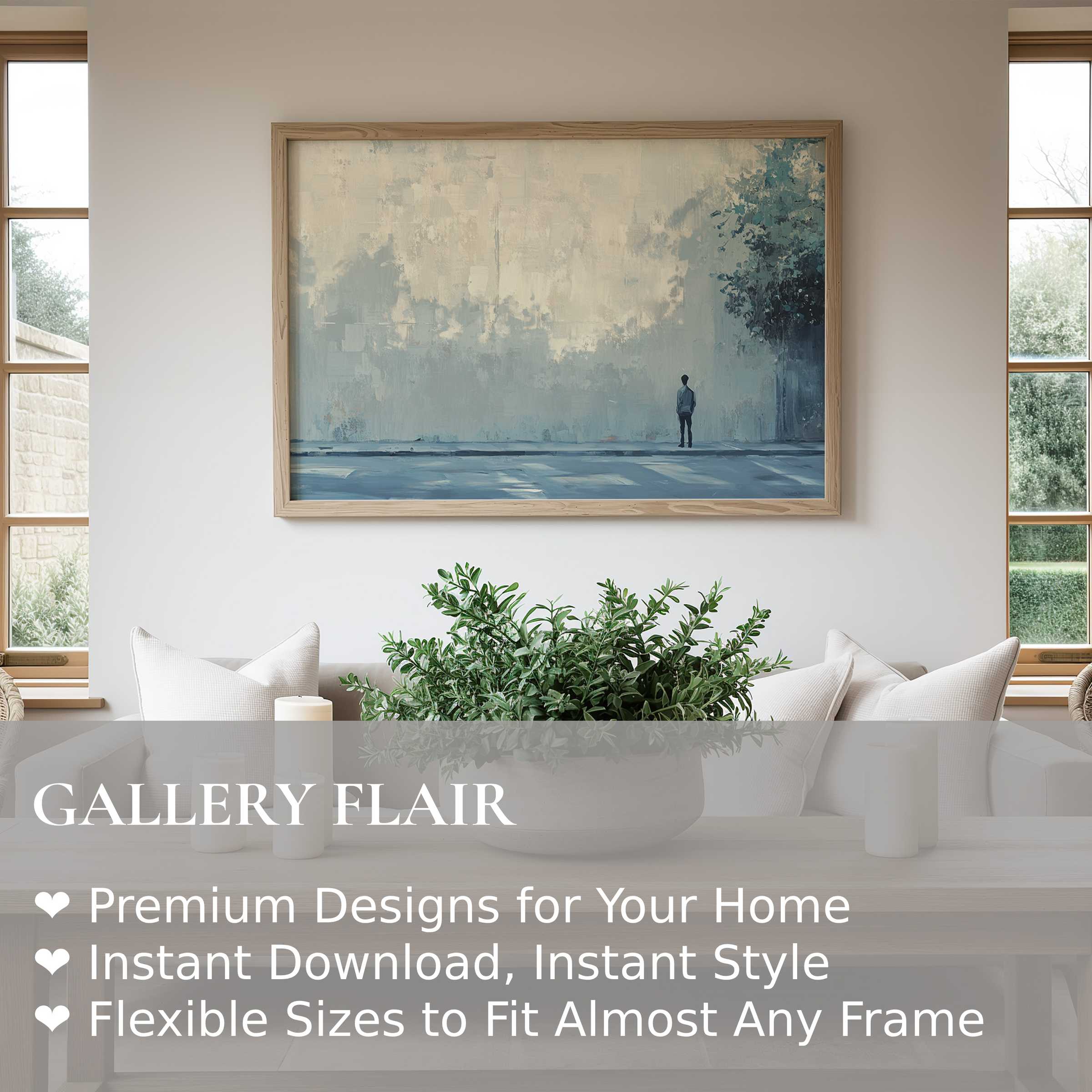 Contemplative urban art wall art print in muted blues and creams evokes calm introspection, enhancing a modern minimalist living space with serene elegance and subtle depth