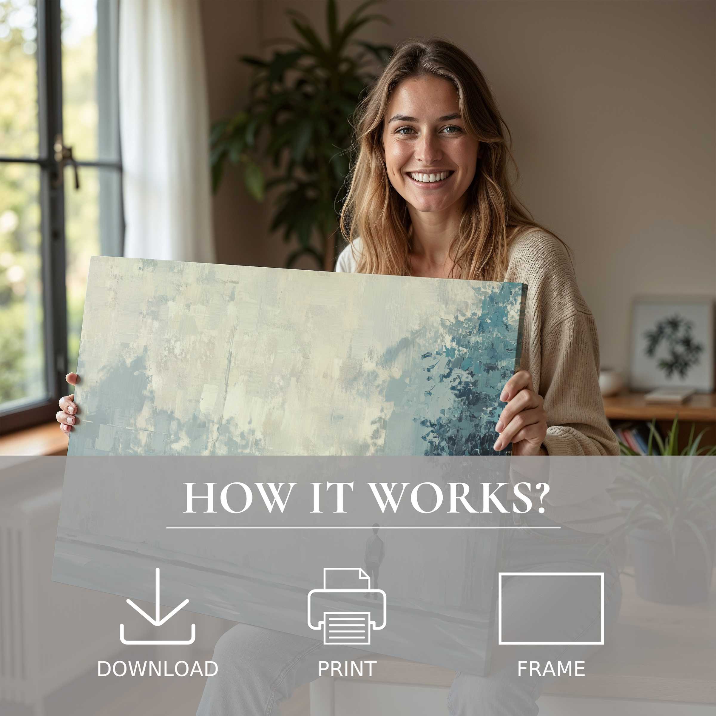 Radiant woman in a modern home embracing the ease and joy of urban digital art print, highlighting serene abstract elegance