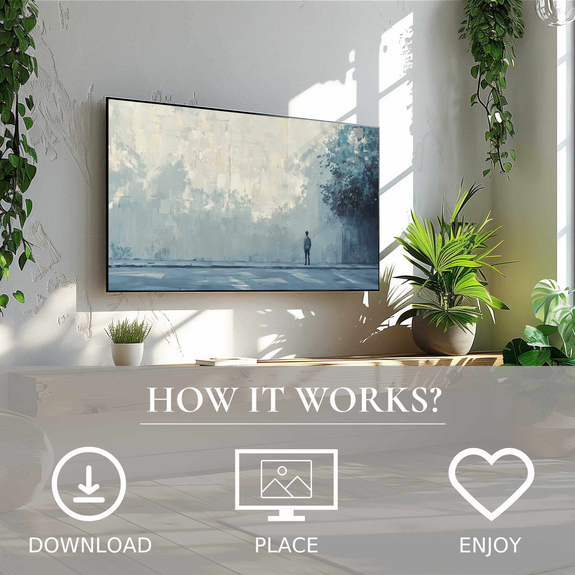 Urban art for Samsung TV in a bright room, digital download with serene blue-gray mist motif enriching space