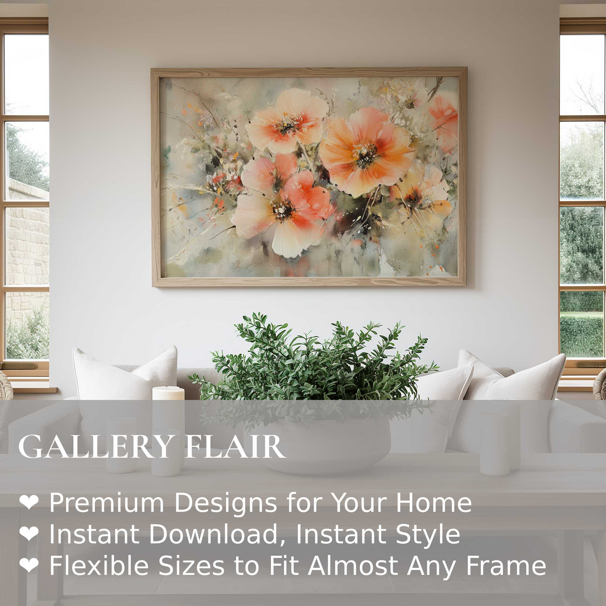 Botanical wall art print featuring soft peach blooms in a serene watercolor style, enhancing modern minimalist living spaces with calm elegance