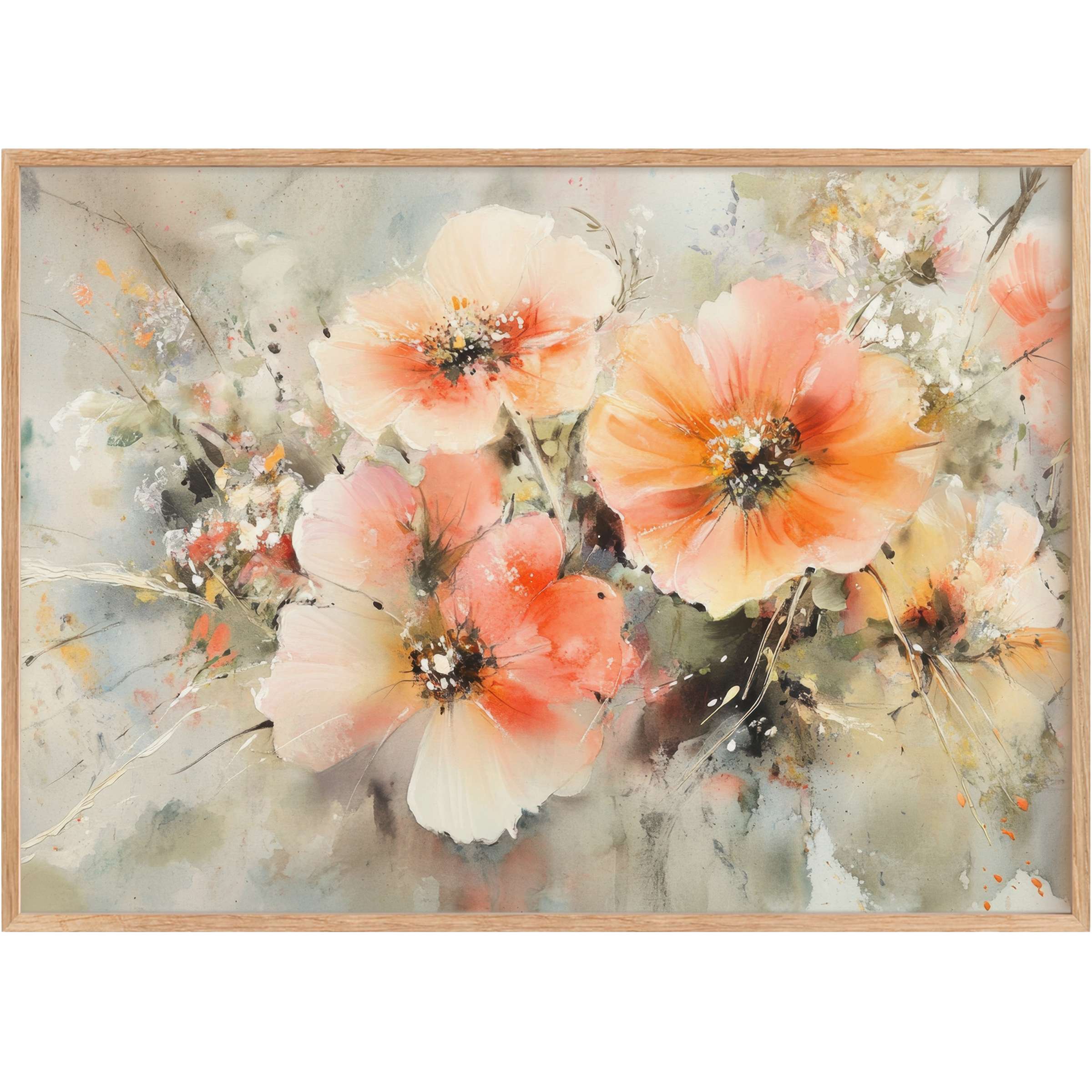 Botanical printable wall art with soft coral blooms and gentle gray hues, evoking a serene, airy ambiance in chic interiors