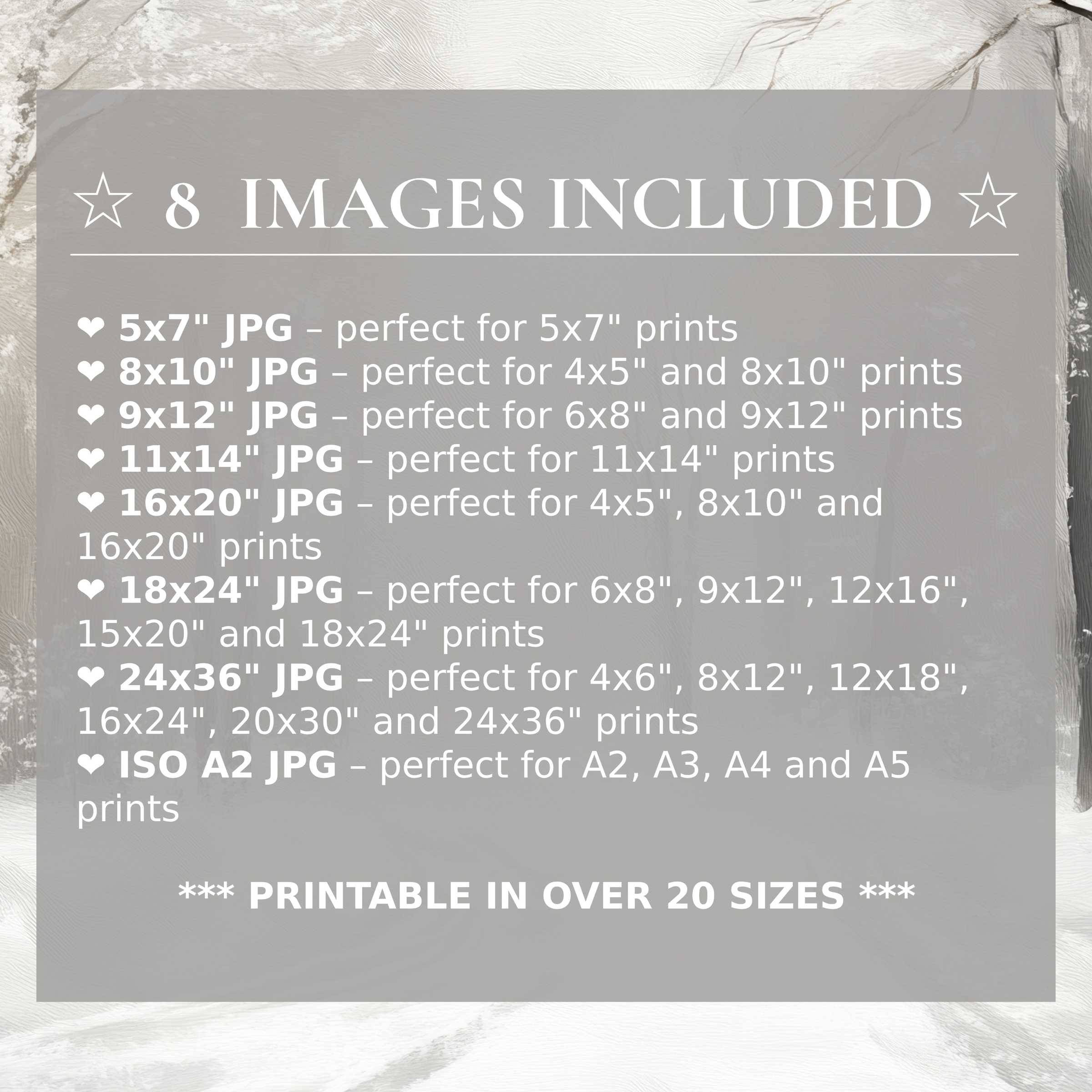Print size guide showing 8 included JPG formats for versatile wall art printing – perfect for framing in popular sizes from 5x7 to 24x36 and A2
