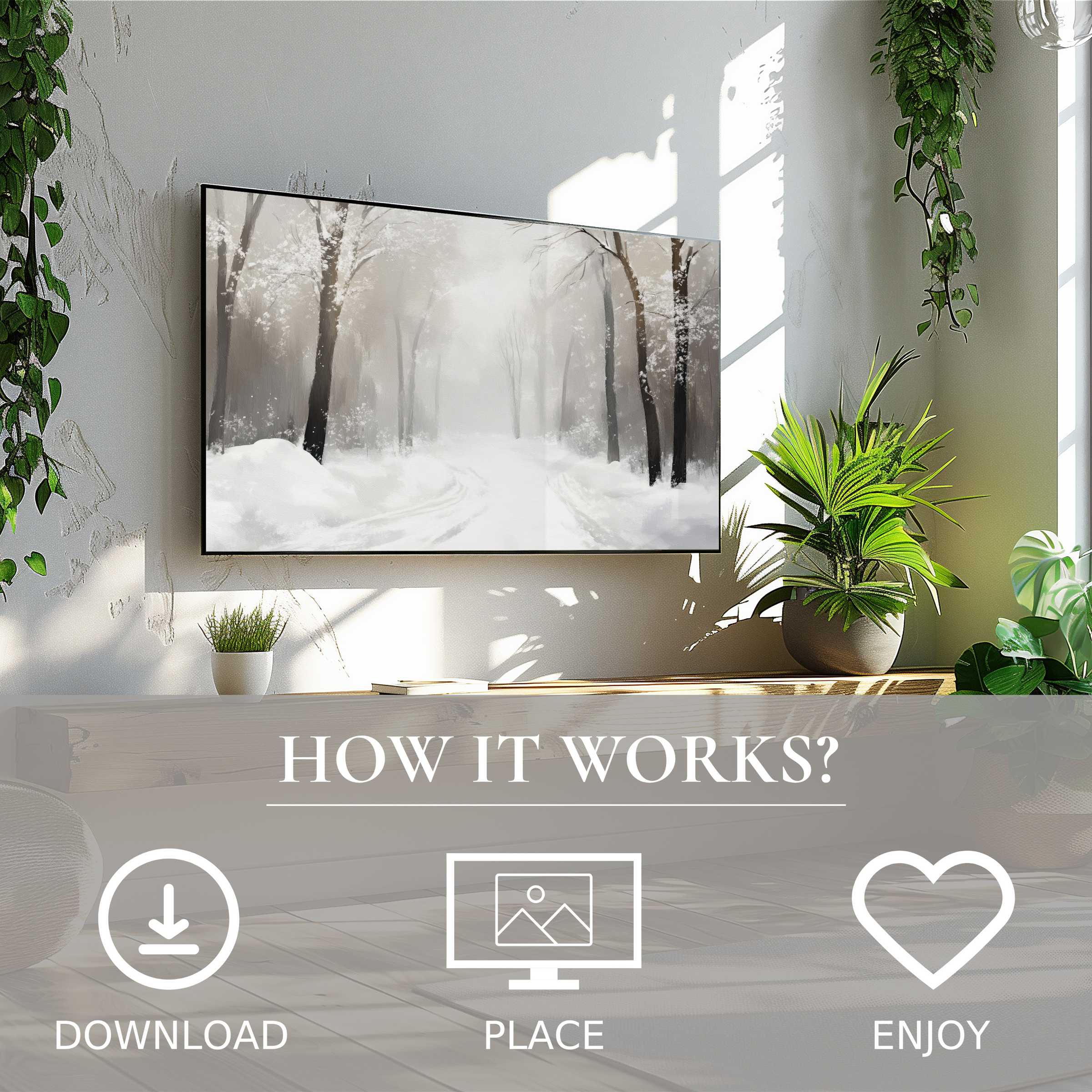 Tree art for Samsung TV shows soft winter tones; easy digital download enriches modern living spaces with calm nature scenes