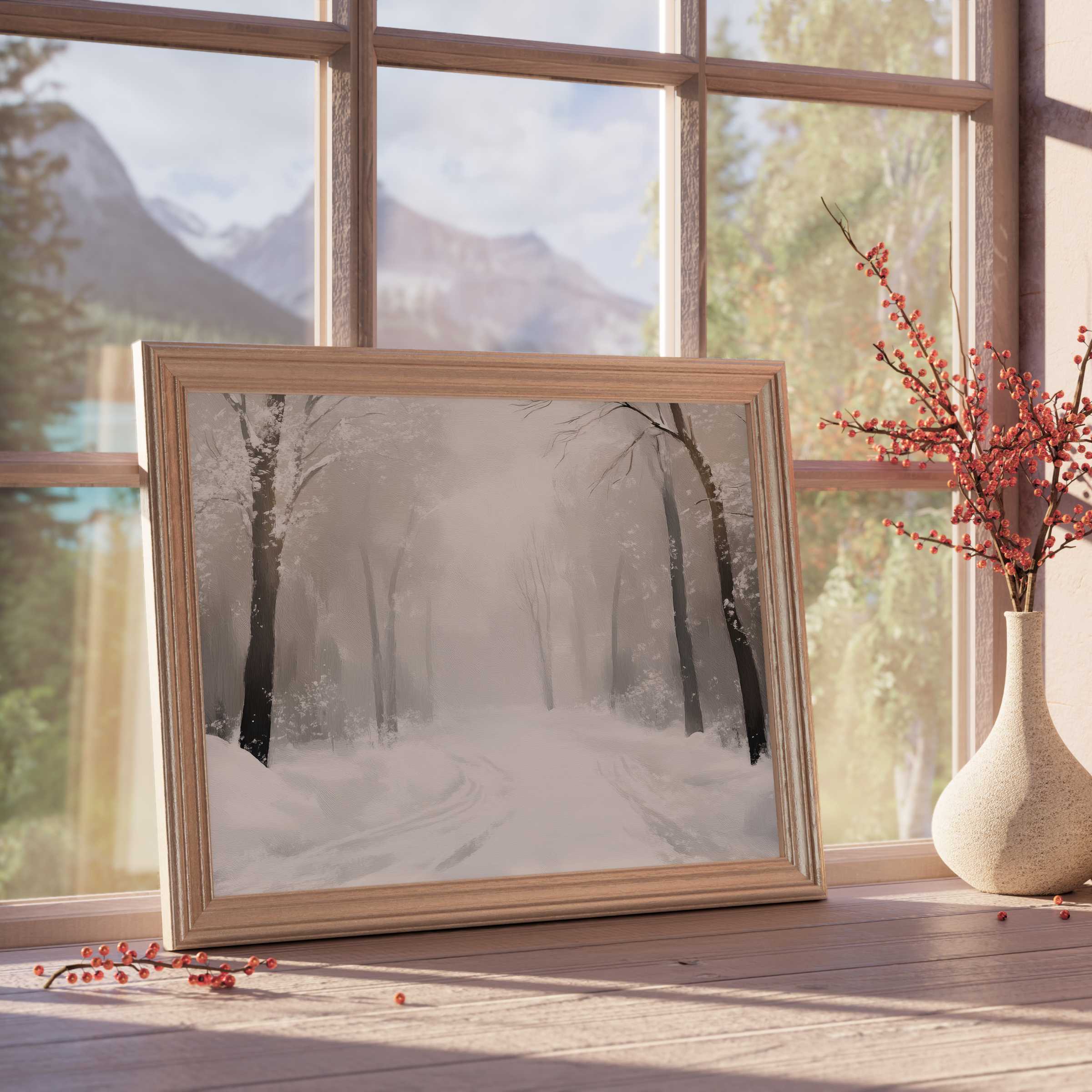 Serene tree downloadable art capturing a tranquil winter forest path, perfect for luxe, minimalist home decor