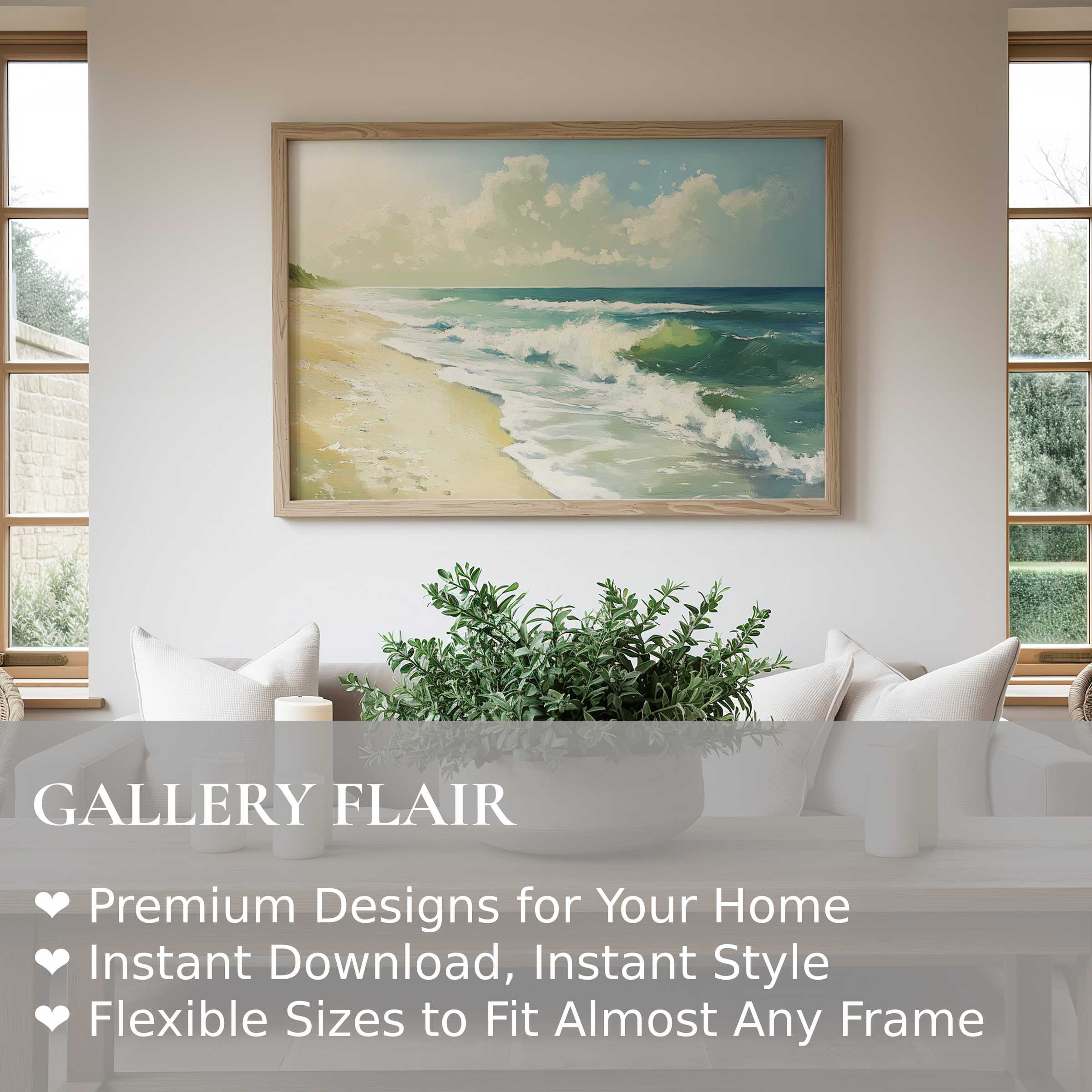 Summer wall art print capturing a radiant coastal scene with soft waves, enhancing minimalist and modern living spaces with calming beach vibes