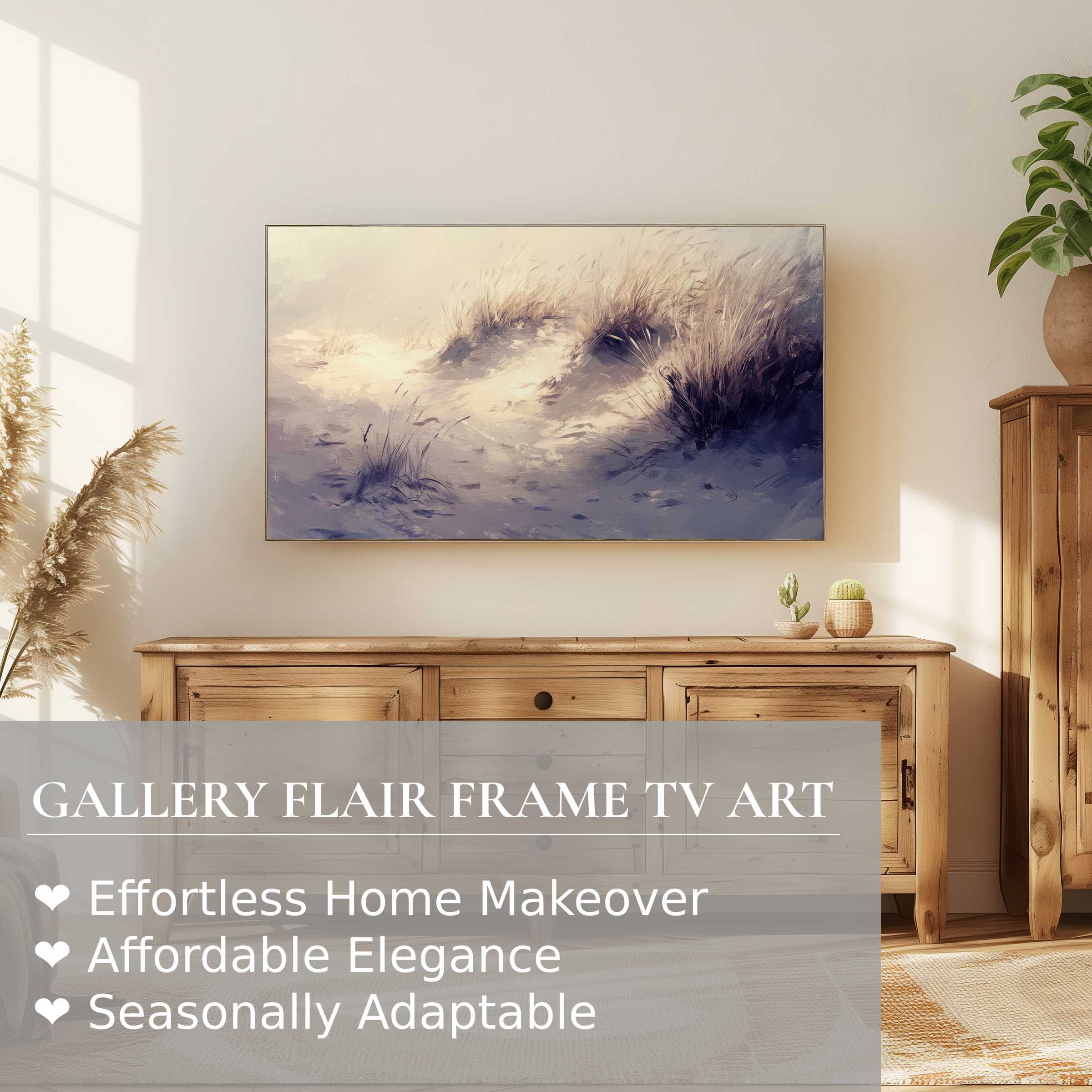 Samsung Frame TV showcasing serene coastal digital artwork in a bright, elegant, and modern living space
