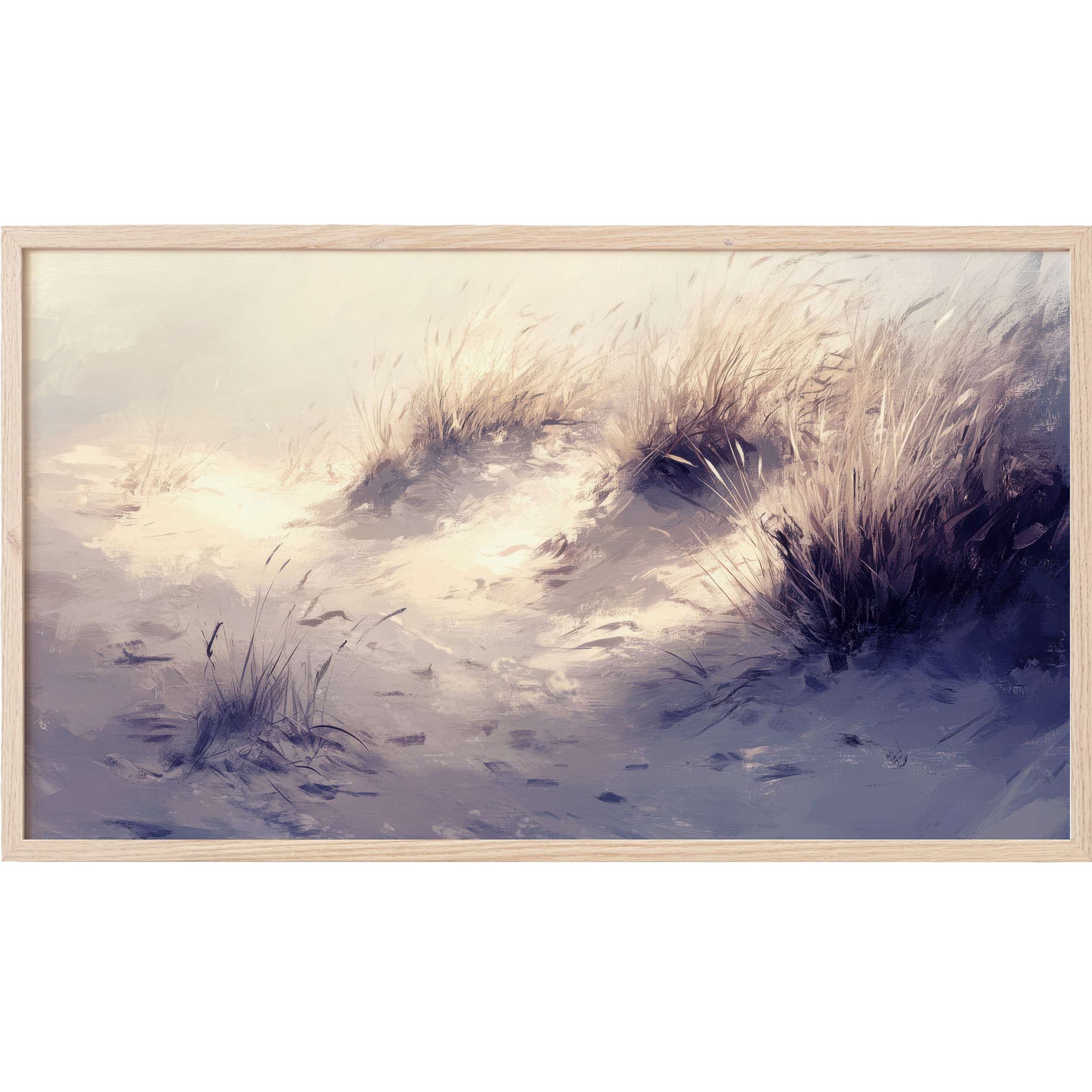 Soft coastal grasses bathed in muted purples and creams evoke calm serenity in this coastal Frame TV Art