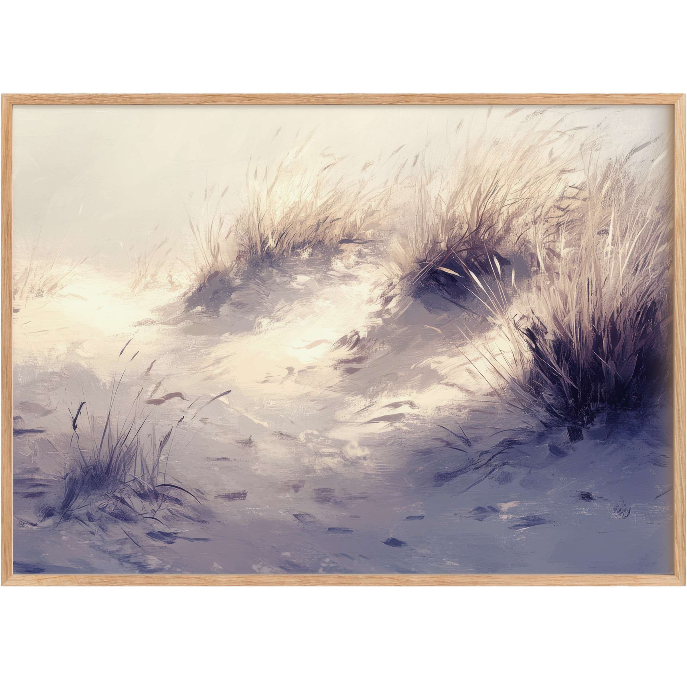 Coastal printable wall art evoking serene dunes in soft lavender and cream, infusing interiors with a calming, ethereal glow