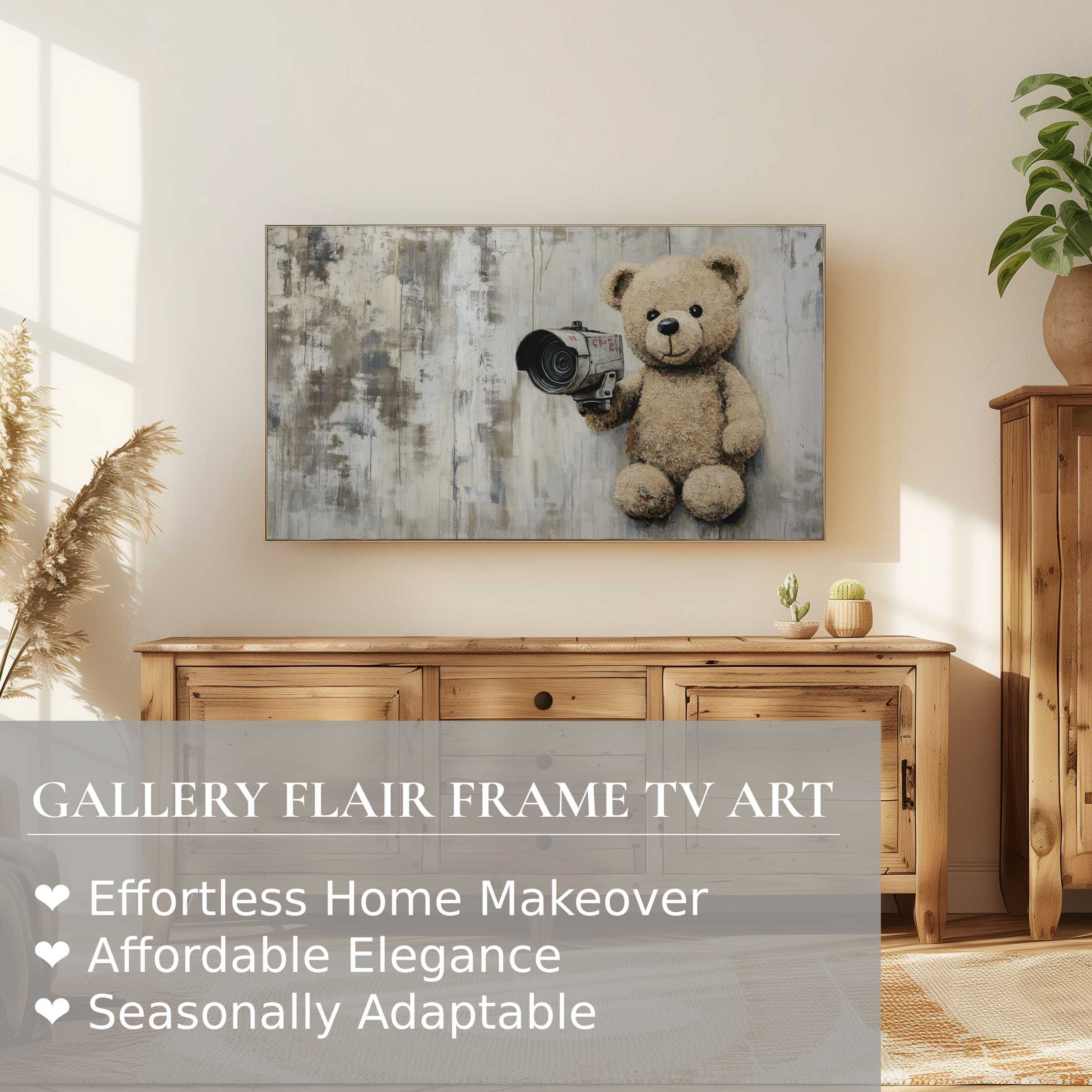 Modern living room with rustic wooden furniture and Samsung Frame TV displaying street art digital artwork of teddy bear with camera