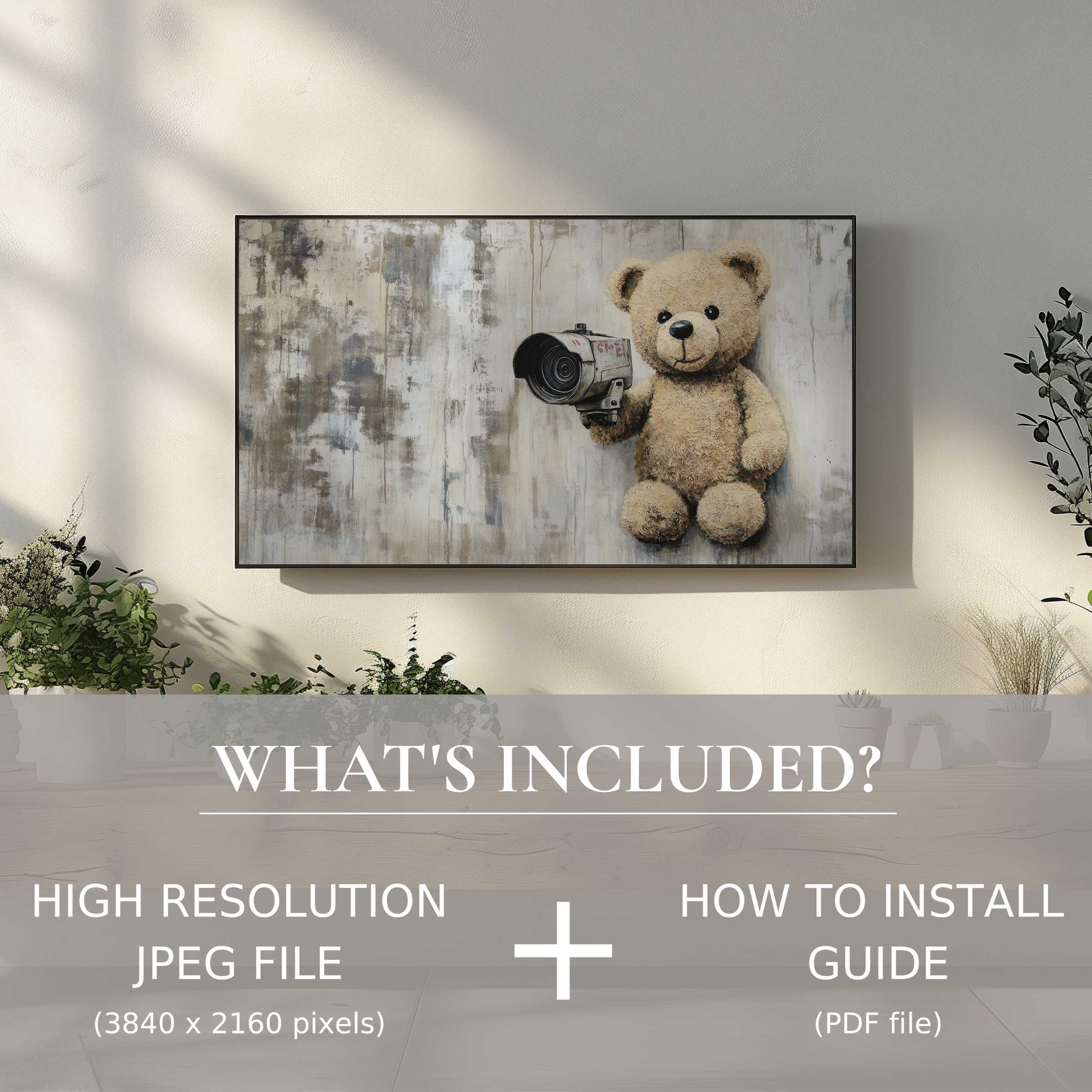 Elegant living space with street art digital TV art download, easy to use and elevating modern home decor