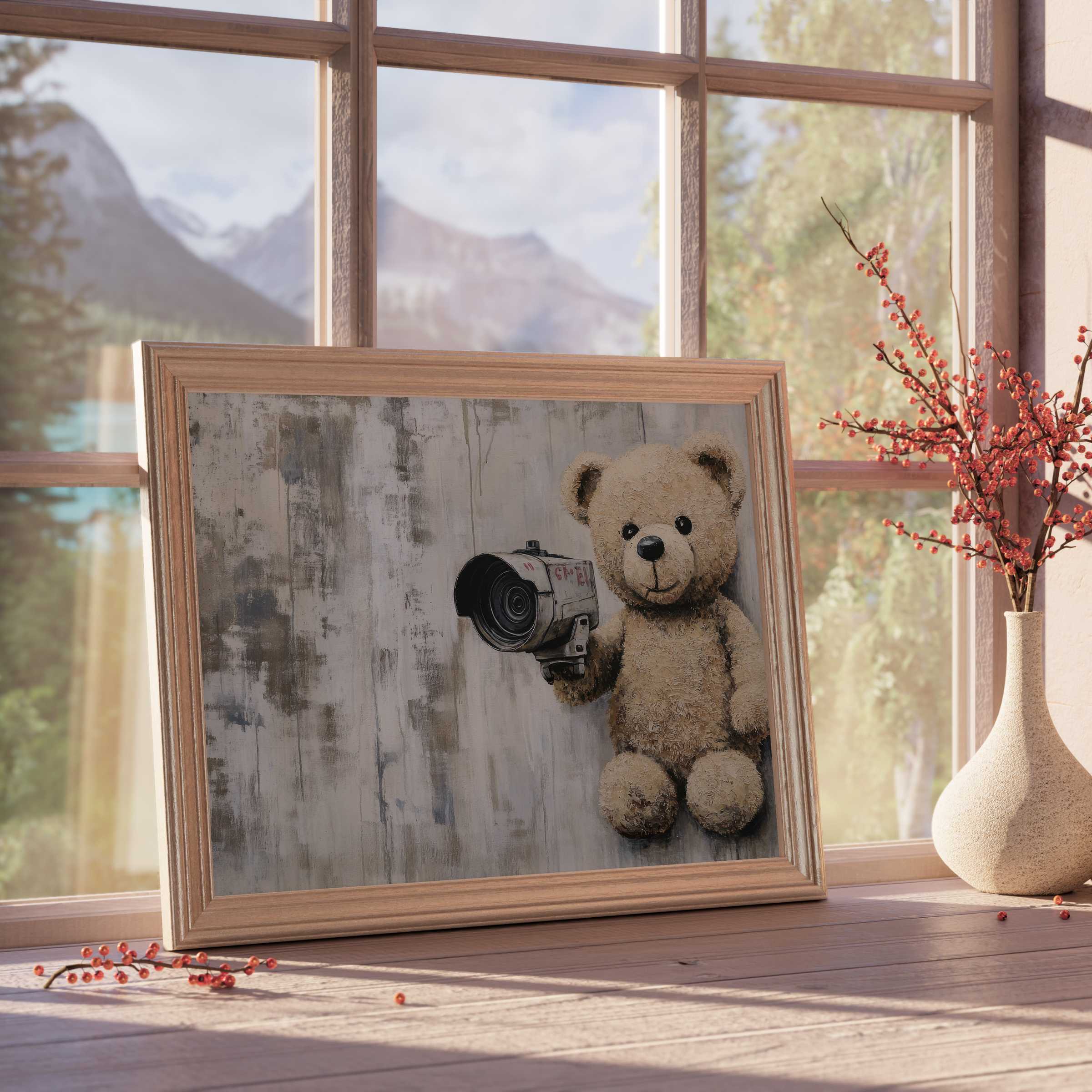 Street art downloadable art featuring a charming teddy with a camera, infusing curated interiors with playful, vibrant warmth