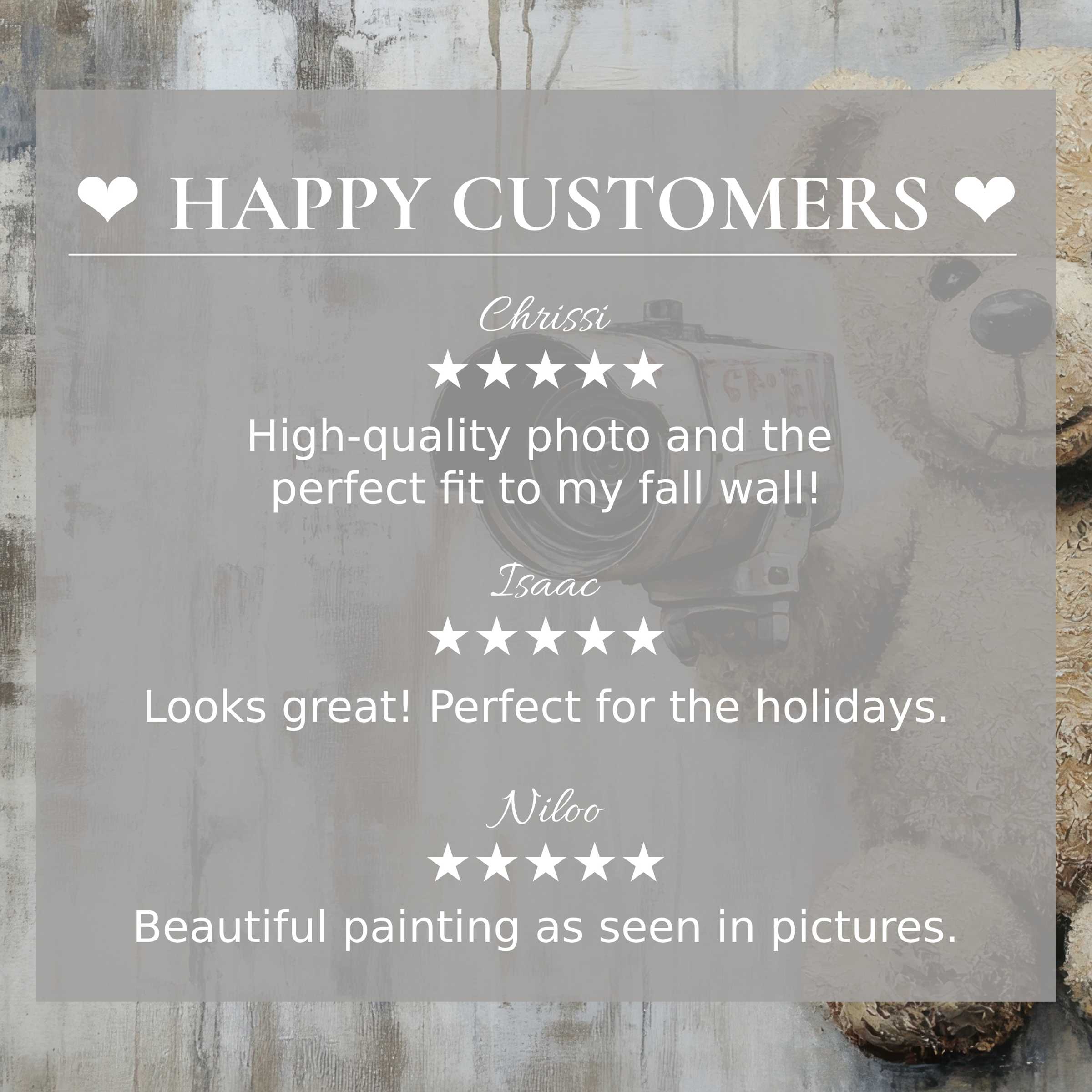 Street art for Frame TV with muted beige tones, showing happy customer reviews and an elegant aesthetic