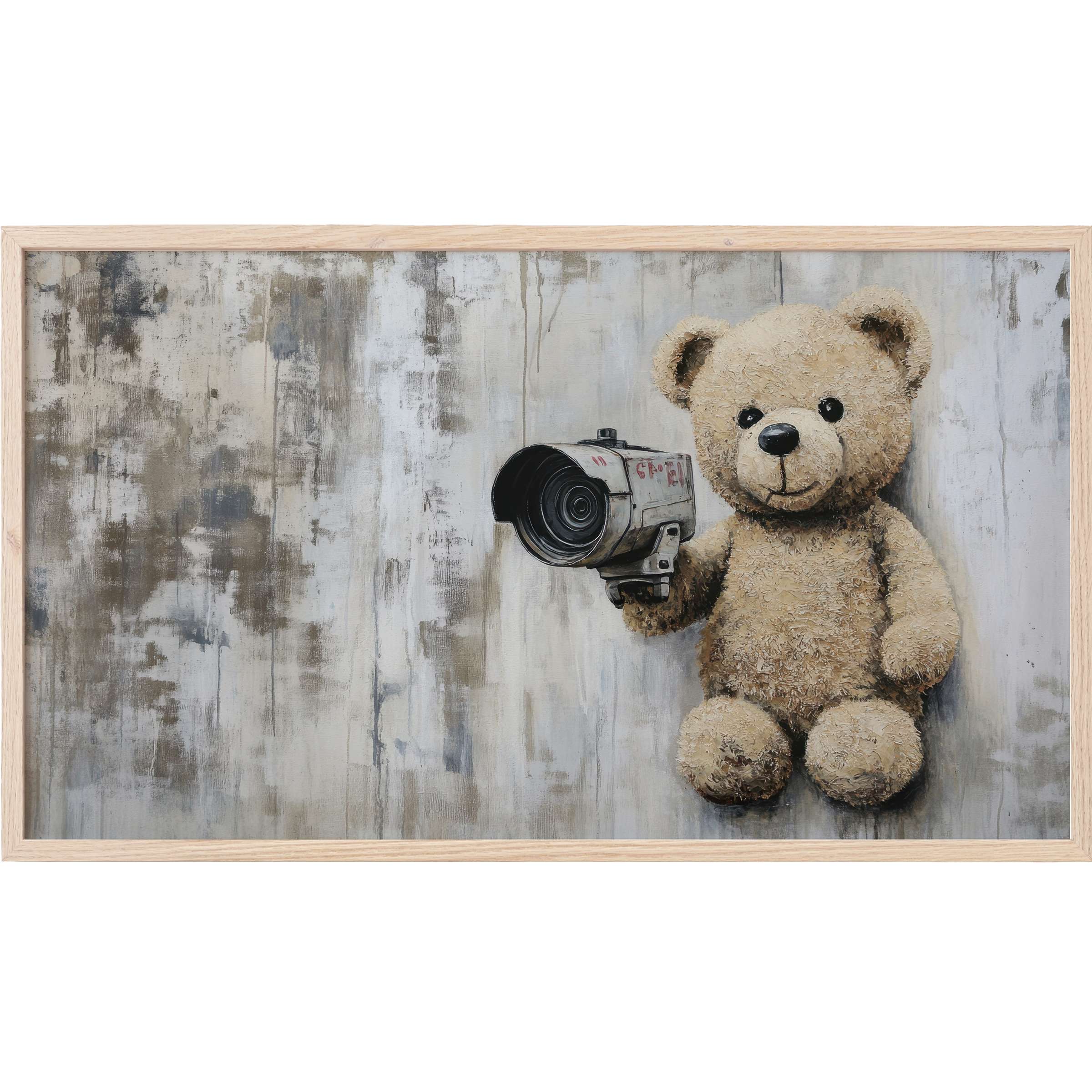 Teddy bear with security camera on neutral textured background, muted tones, urban edge street art Frame TV Art