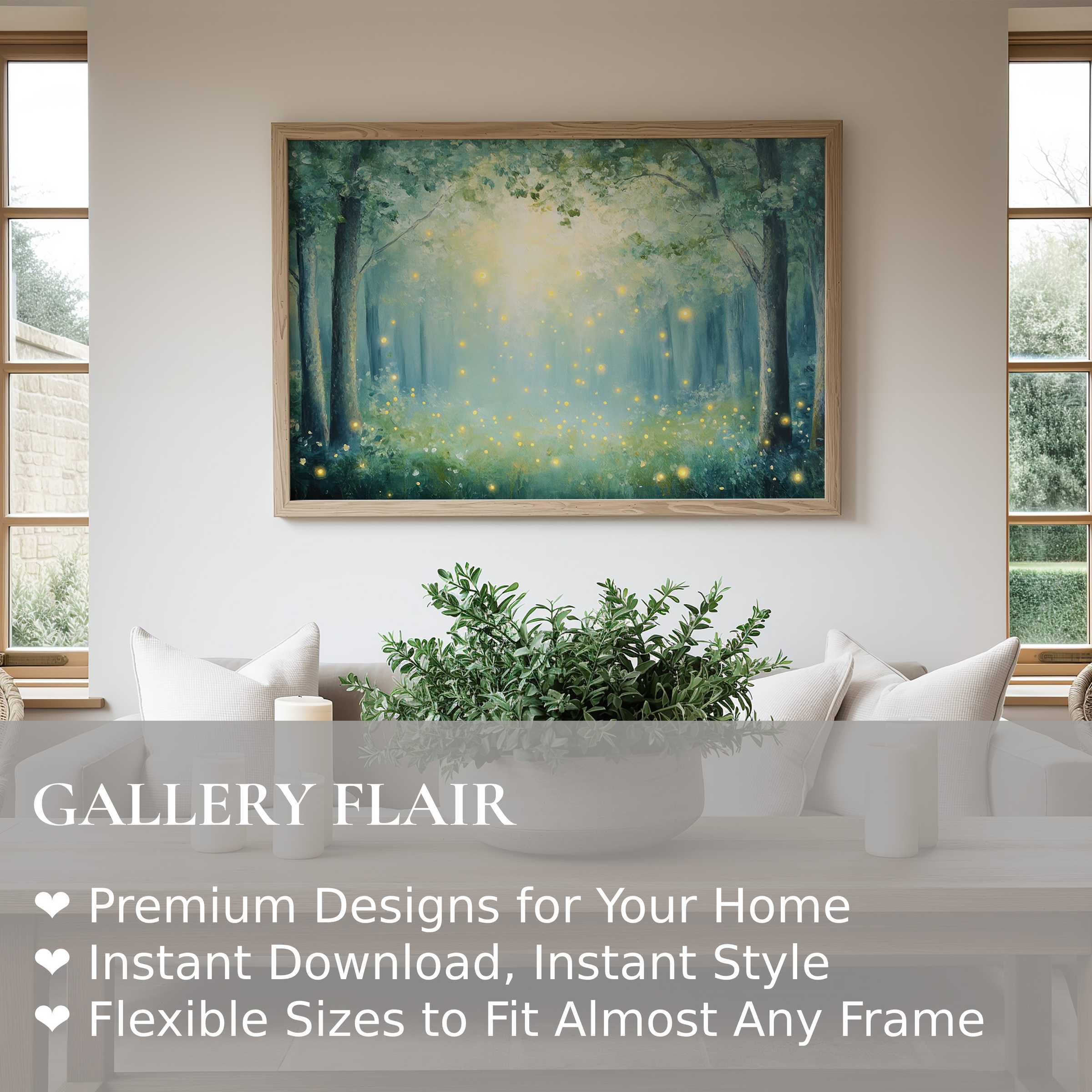 Nursery wall art print featuring a soft, radiant forest scene with glowing fireflies, enhancing serene, modern nursery decor