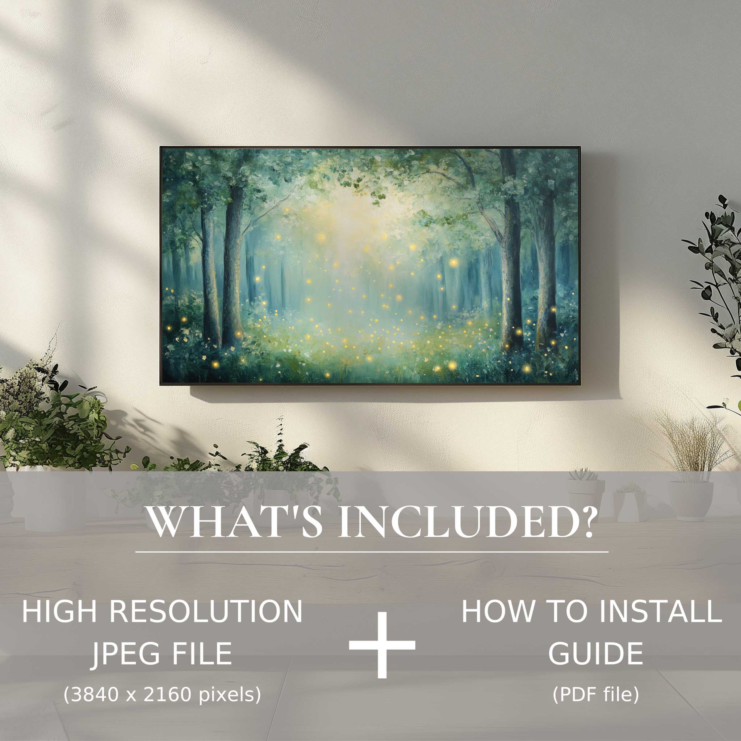 Elegant nursery digital TV art download with easy digital use, enhancing your space with serene forest light charm