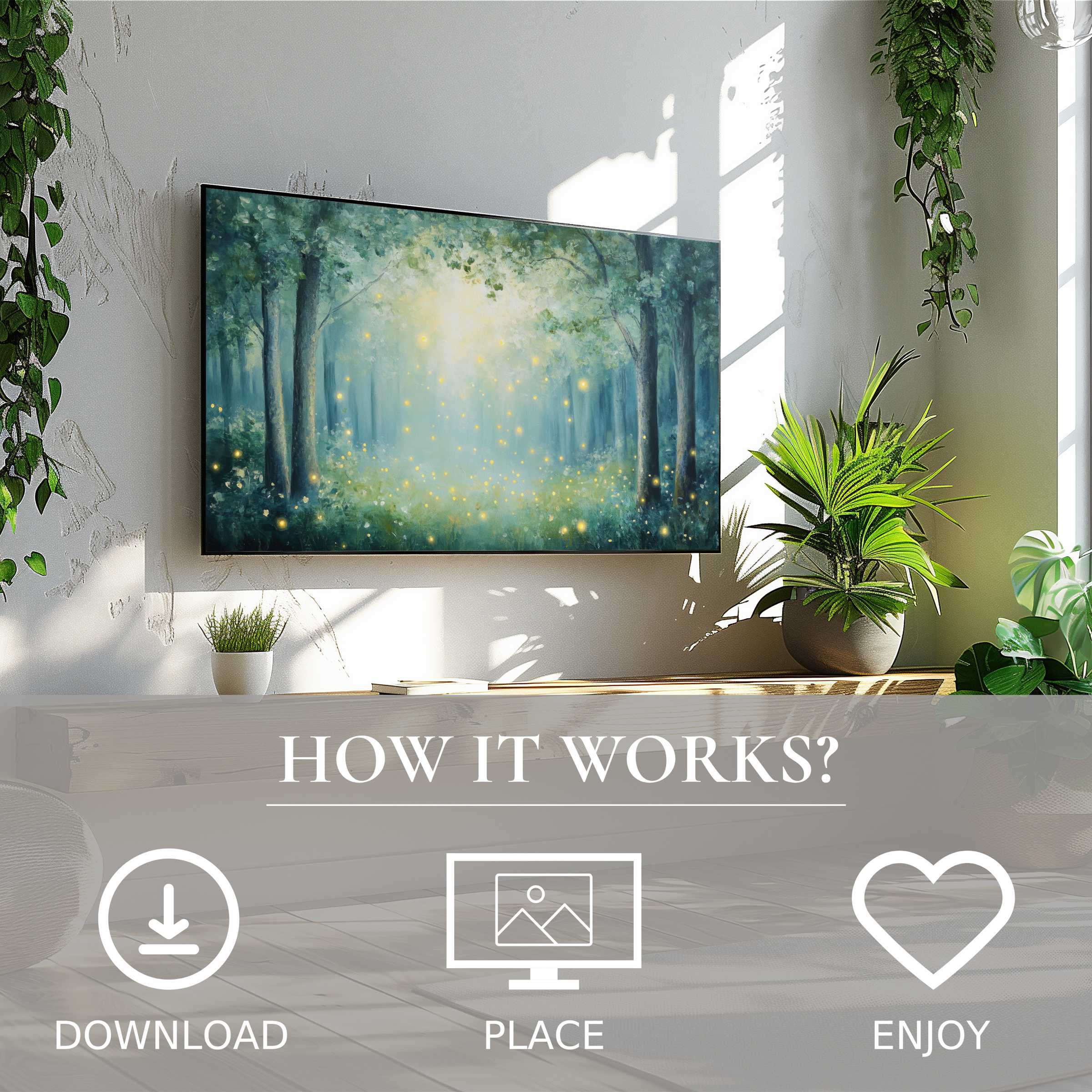 Nursery art for Samsung TV with soft glowing forest motif, easy digital download enriches any modern living space
