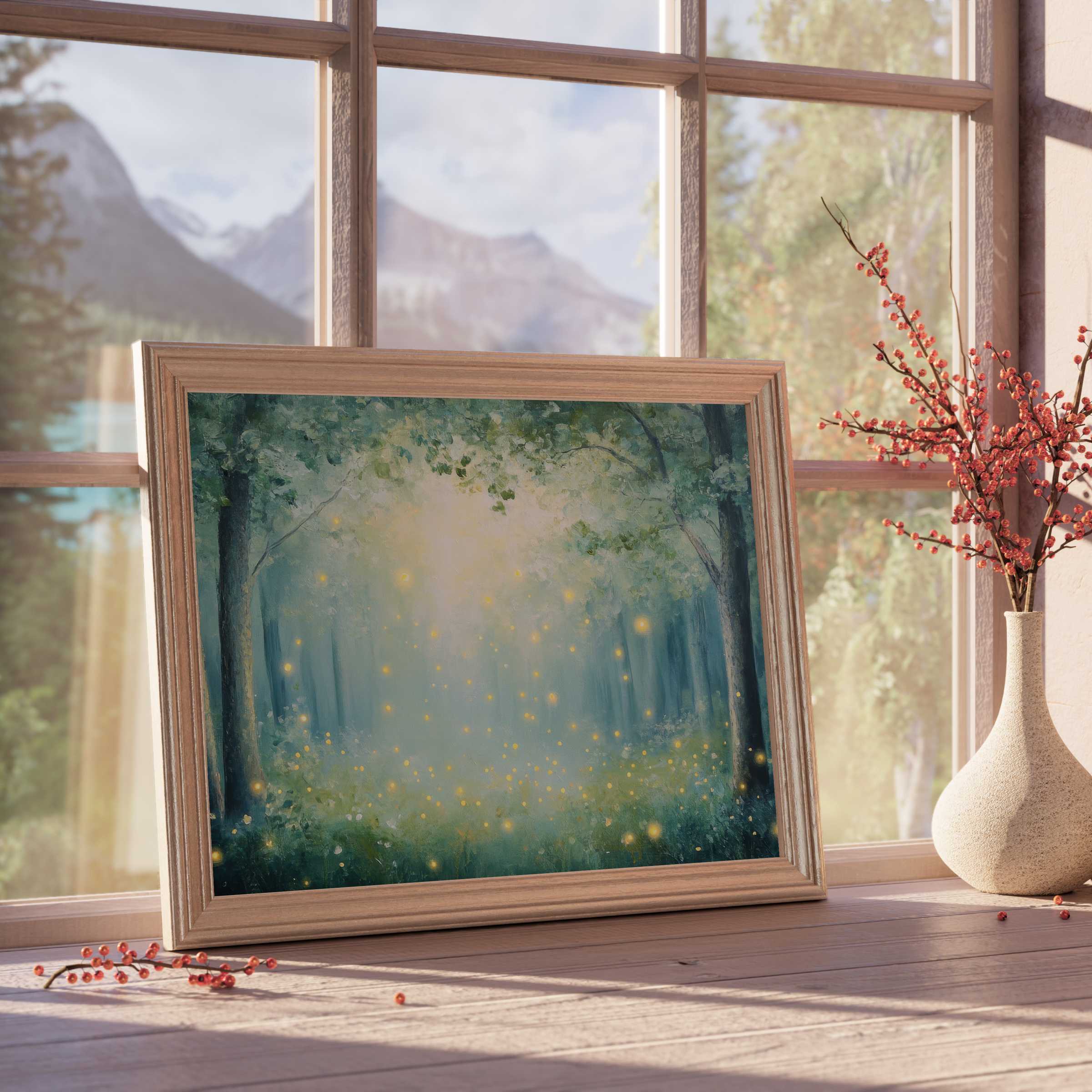 Nursery downloadable art capturing a serene forest glow with warm fireflies, enriching calm, curated modern interiors