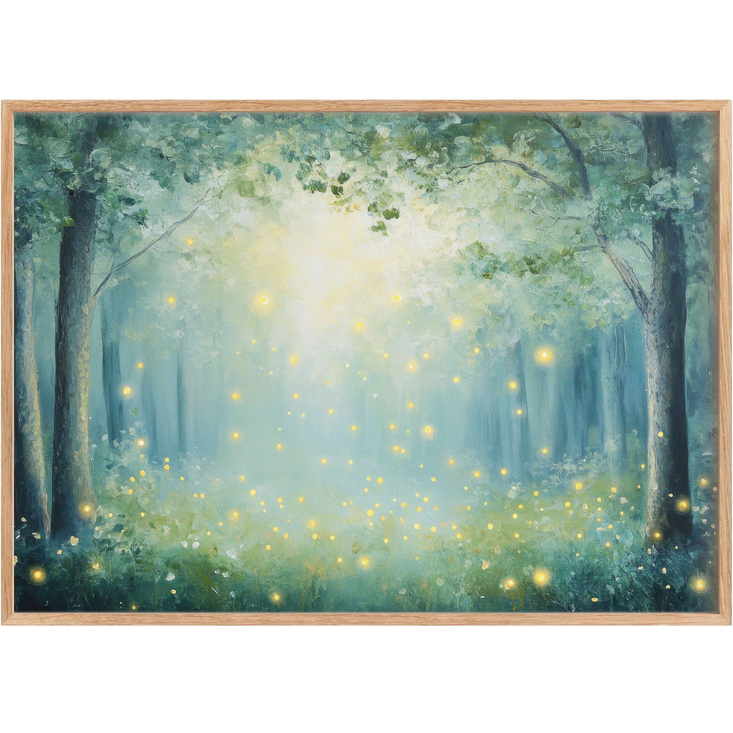 Enchanting nursery printable wall art featuring soft blue-green woods aglow with golden fireflies, evoking serene wonder and magic