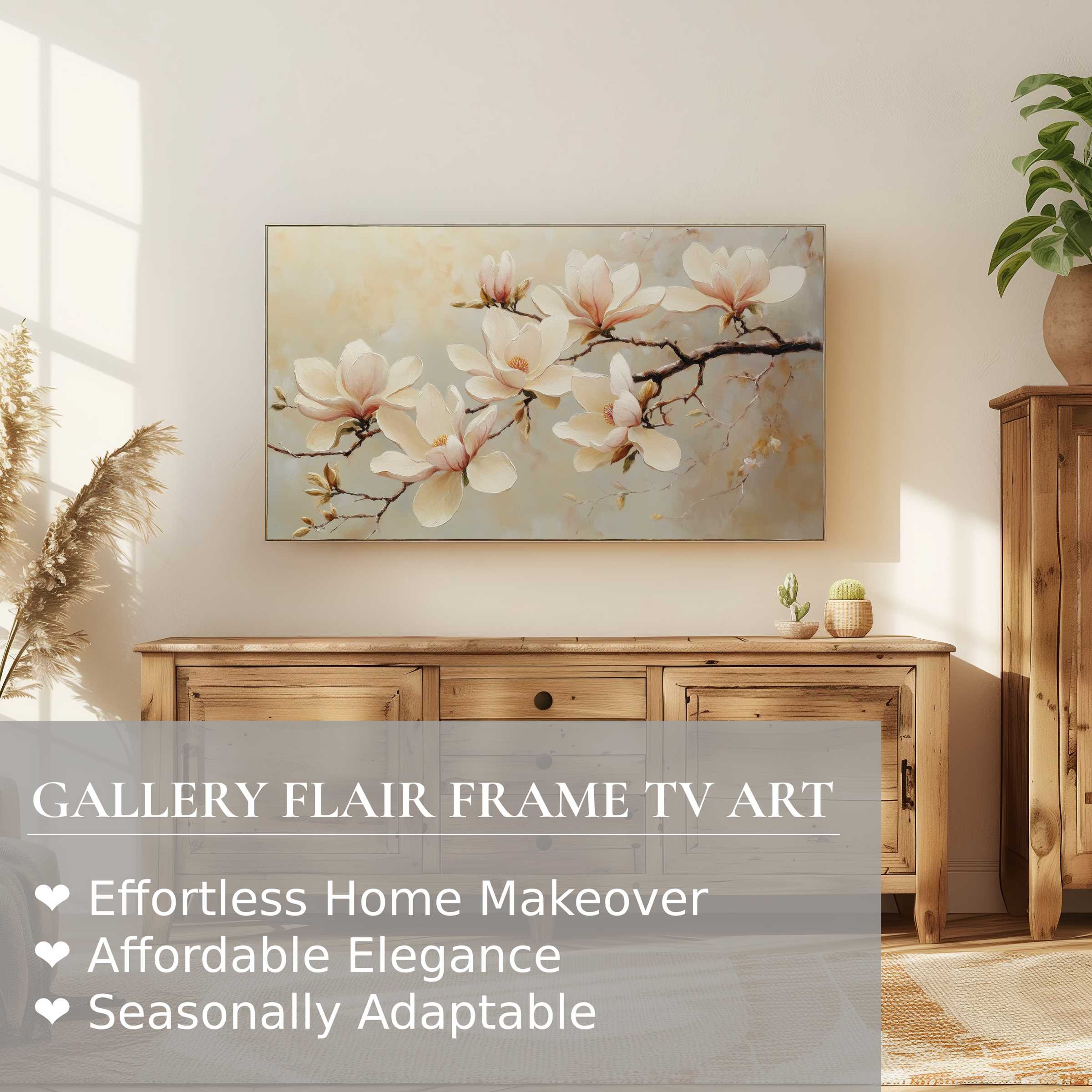 Samsung Frame TV displaying delicate floral digital artwork in a sunlit, elegant, rustic-modern living room setting
