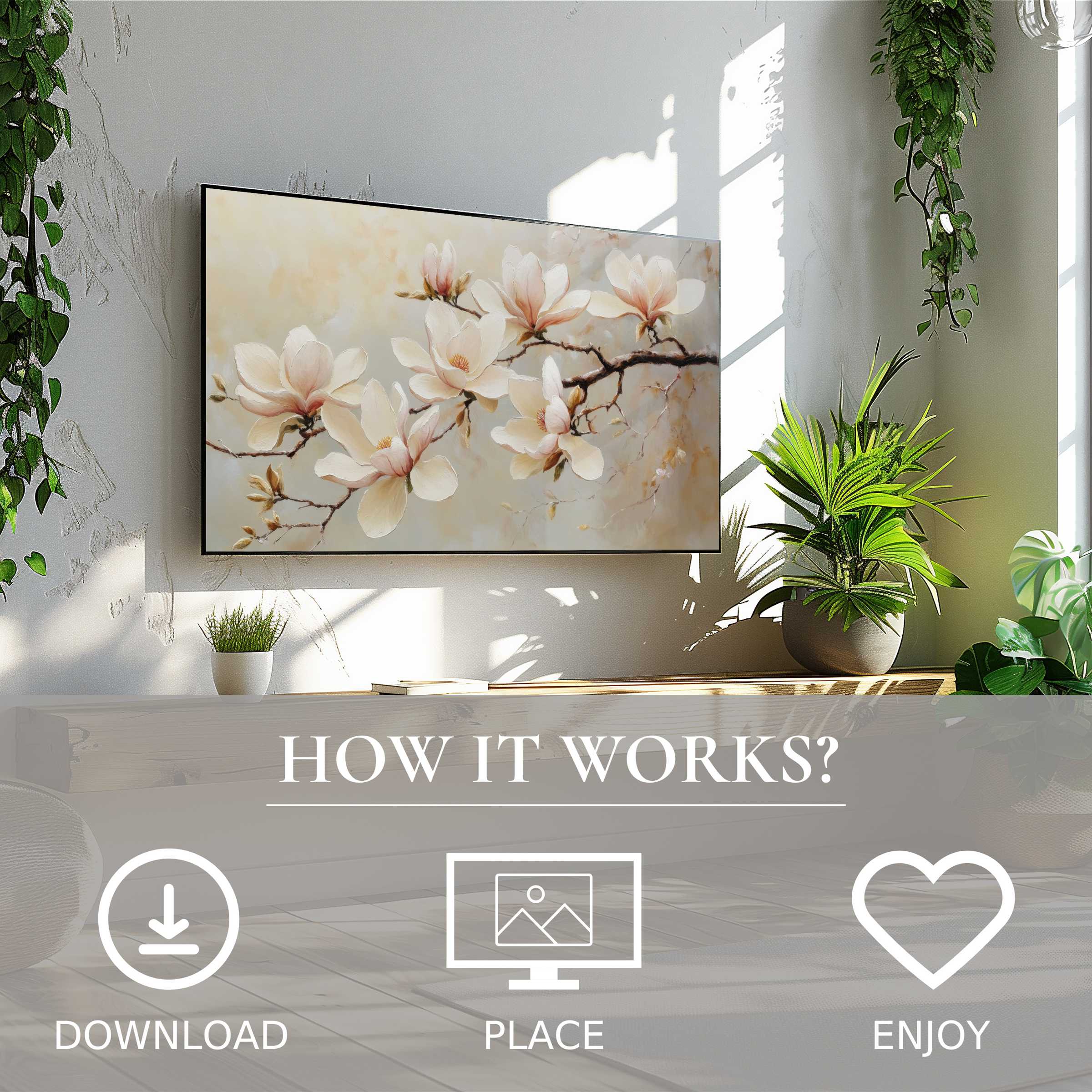 Floral art for Samsung TV shows soft cream blossoms; easy digital download enhances modern living with elegant botanical style