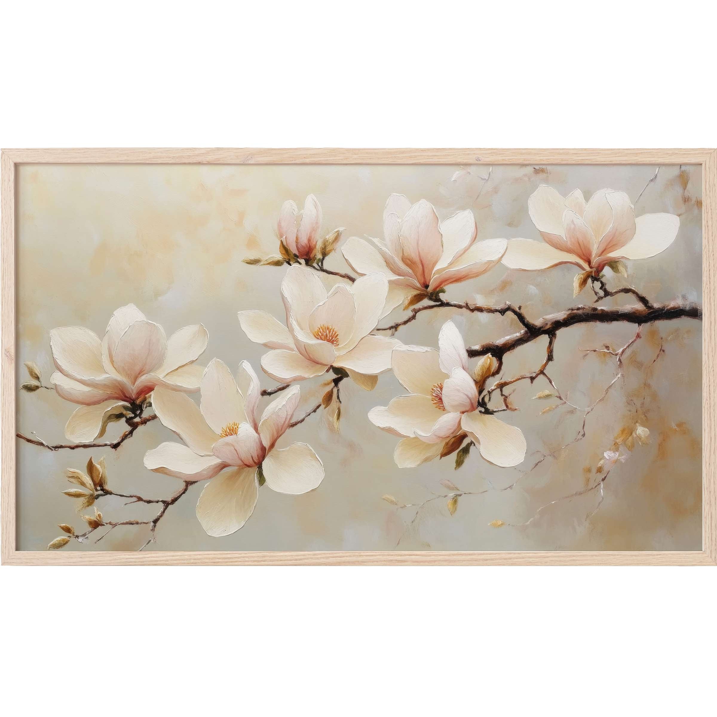 Floral Frame TV Art with soft blush magnolia blooms on delicate branches in muted pastel tones, modern elegance