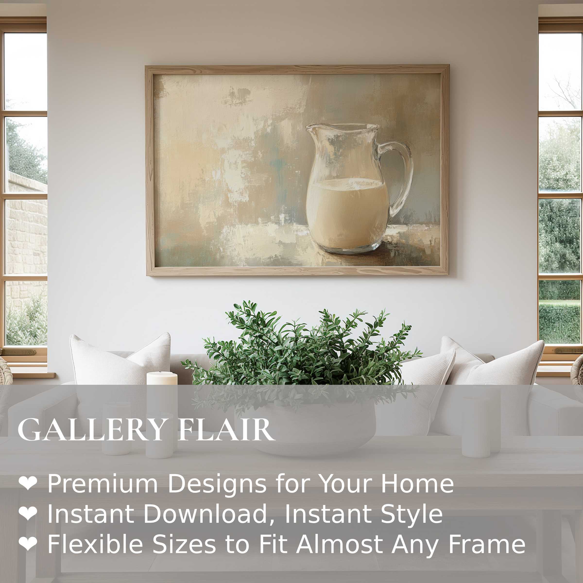 Farmhouse wall art print featuring a serene, rustic pitcher in muted tones; enhances modern minimalist, cozy living spaces with subtle charm