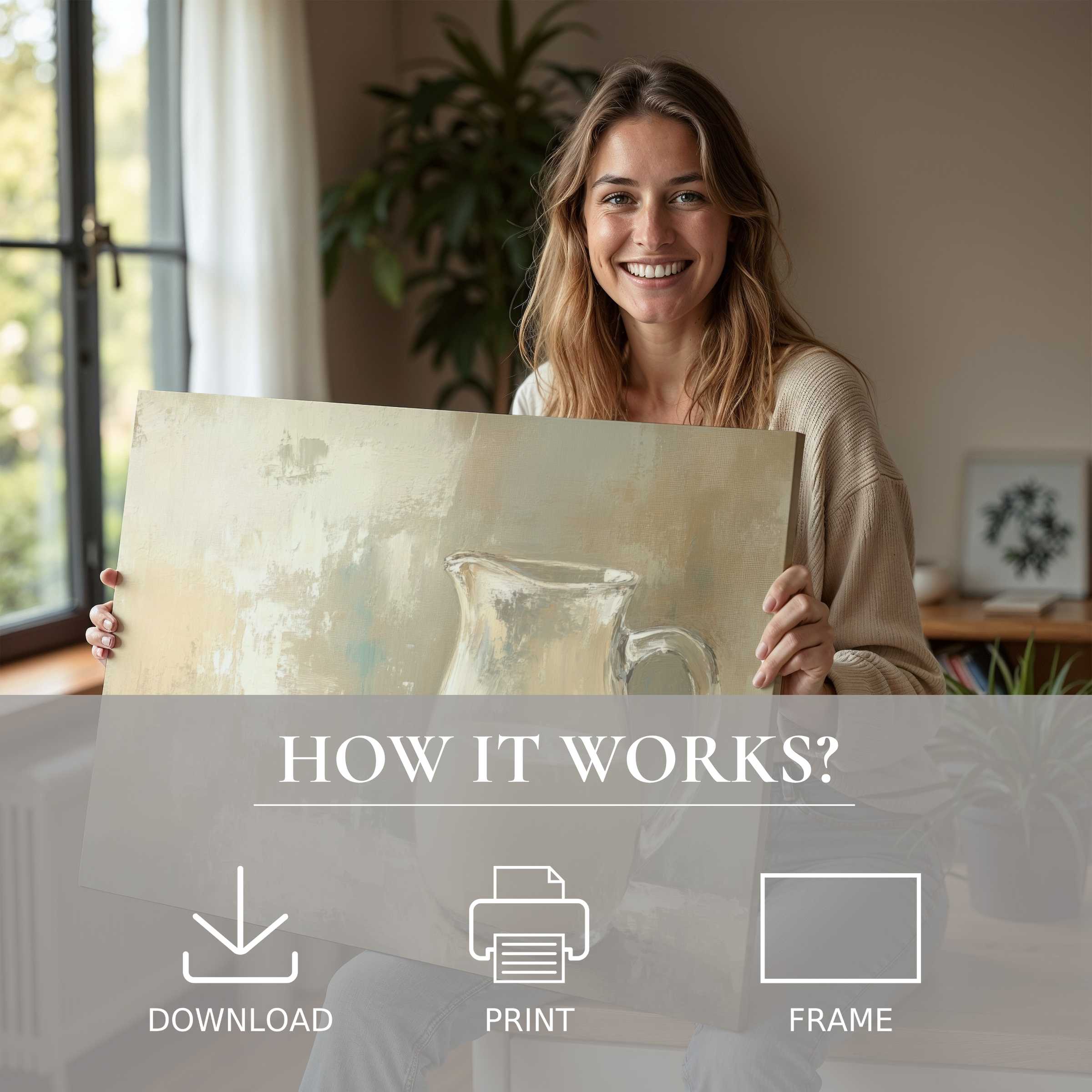 Radiant woman in a serene modern home cherishes a farmhouse digital art print, embodying effortless joy and elegant living with art