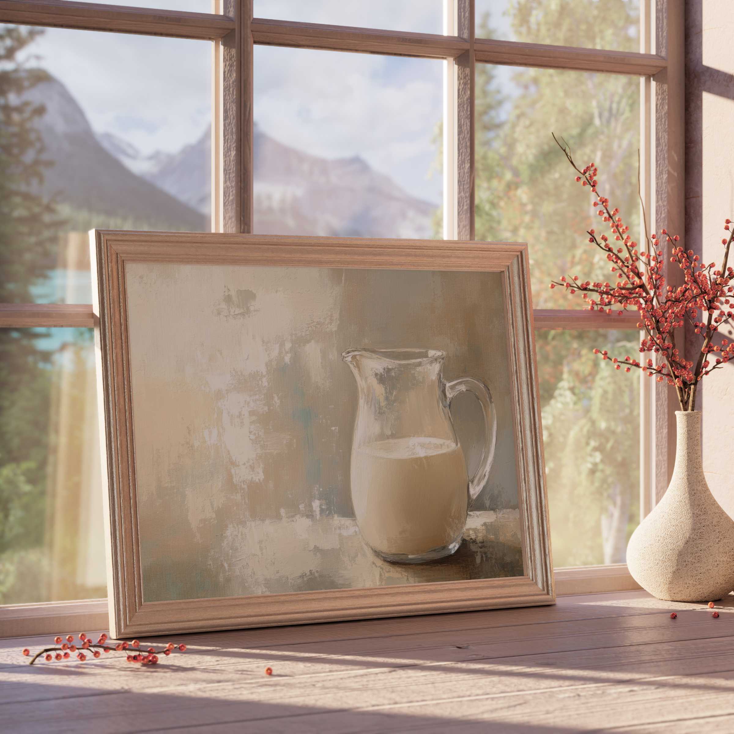 Farmhouse downloadable art featuring a serene pitcher of milk, evoking warm, tranquil vibes in elegant, nature-inspired interiors